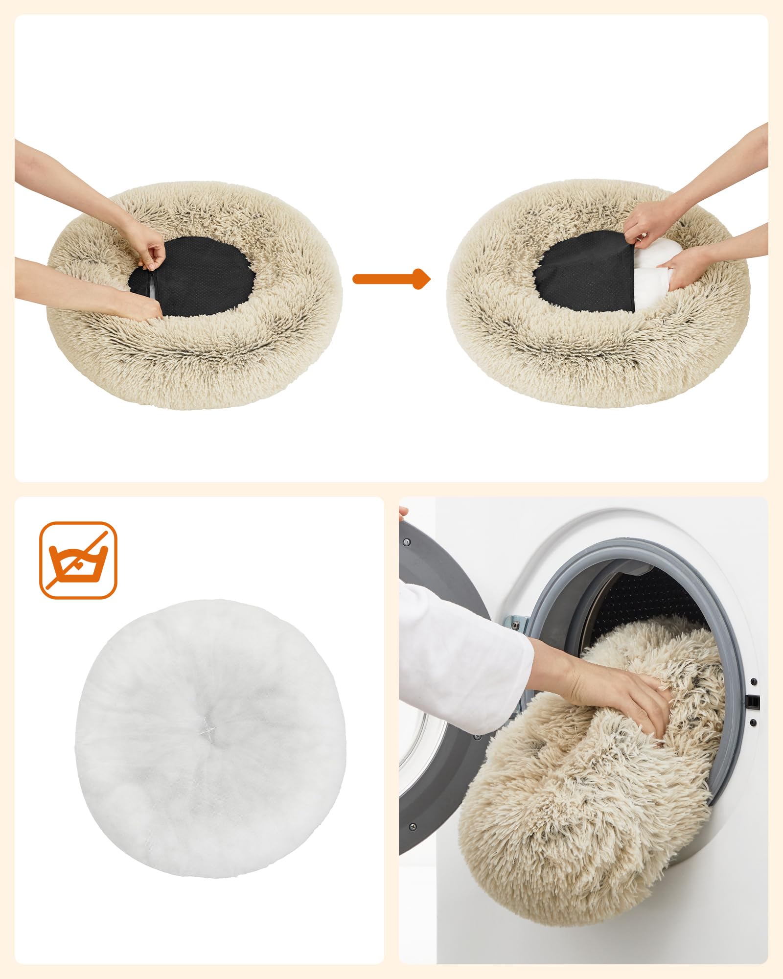 Feandrea Cuccia Cane Interno, Cuccia per Cani, Lettino per Animali Domestici a Ciambella, Cuscino Sfoderabile e Lavabile, Tappeto di Peluche, Diametro 60 cm, Cachi Ombré PGW038S01