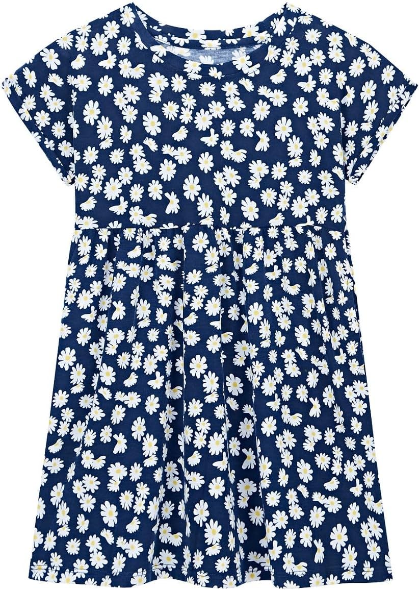 DaniChins Girl Casual Short Sleeve Floral Print Dress with Pockets