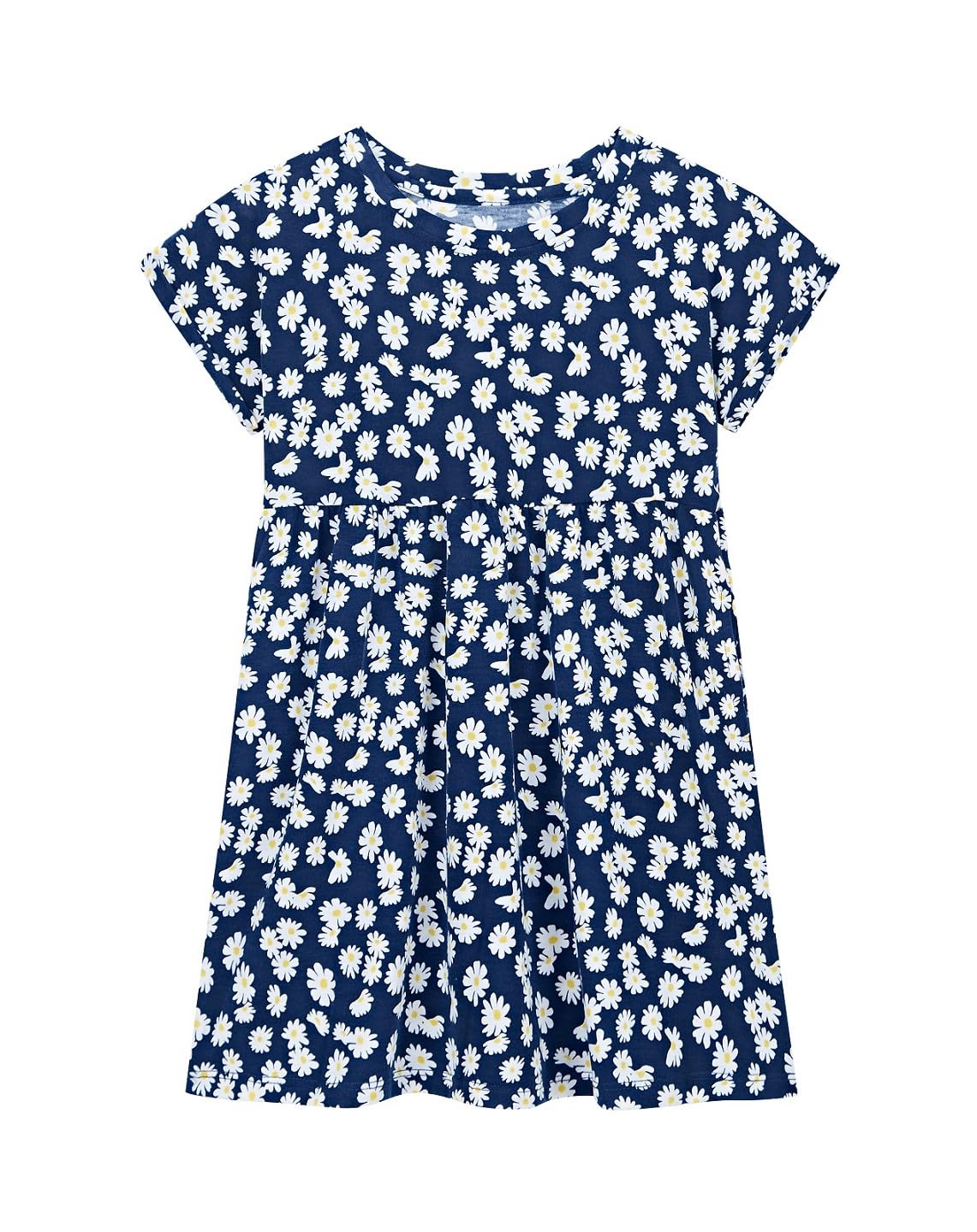 DaniChins Girl Casual Short Sleeve Floral Print Dress with Pockets