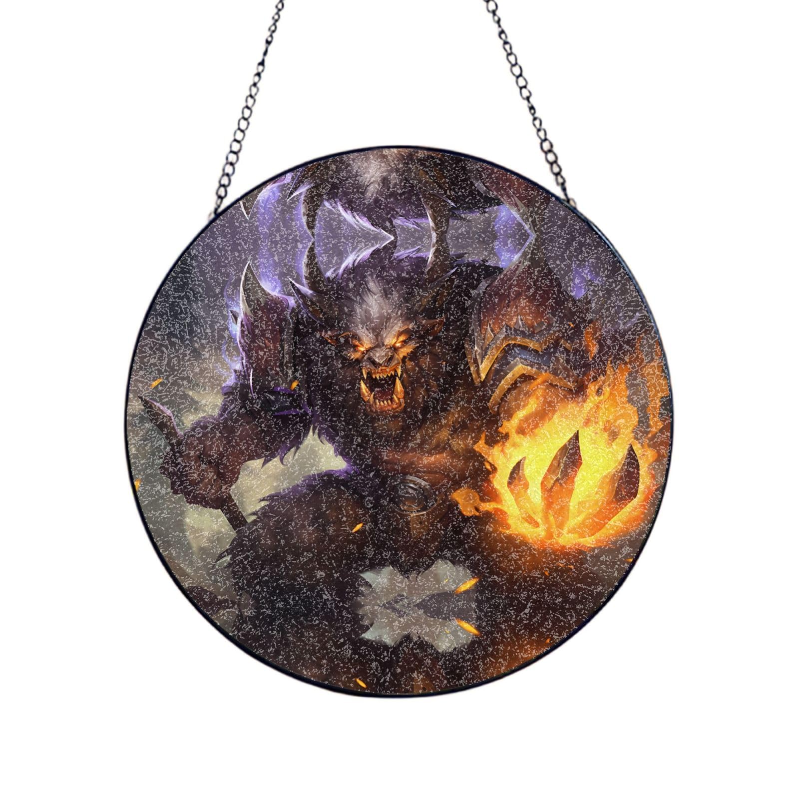 Phayah Werewolf With Flame Print Stained Glass Window Hanging Suncatcher For Door Terrace Garden Home Decor Sun Catcher Birthday Gifts For Lovers Dad Mom 10in（25cm）