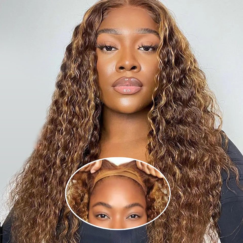Deep Wave wigs Glueless wig Human Hair 4x4 Lace Front 22 inch Blonde #4/27
