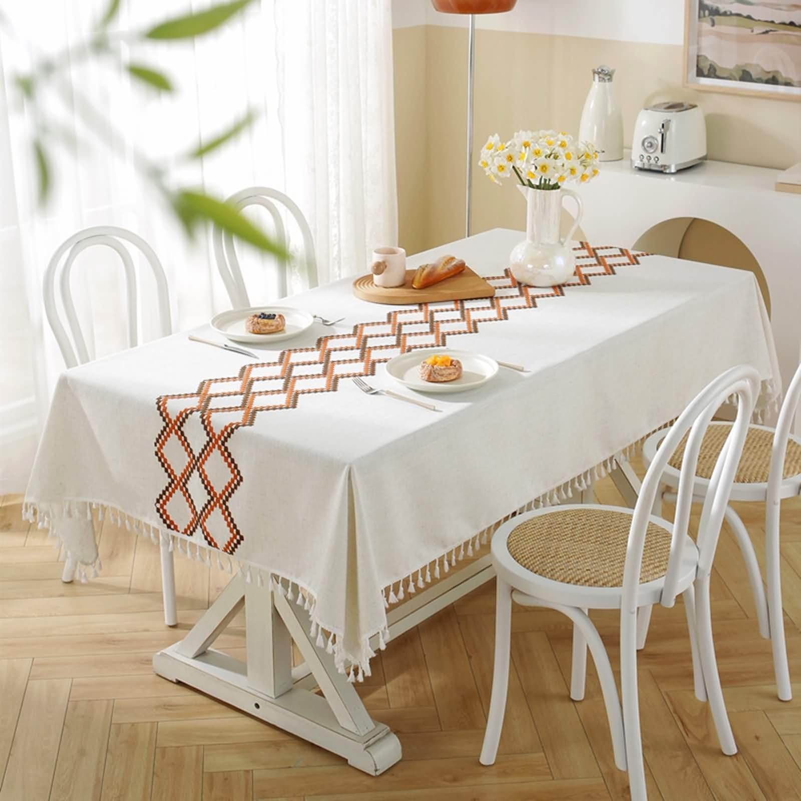 Mantel Rectangular Café para Mesa, Bordado de Geométrico con Borlas, de Poliéster Fácil de Limpiar, 140 x 180 cm, Mantel para Comedor y Cocina