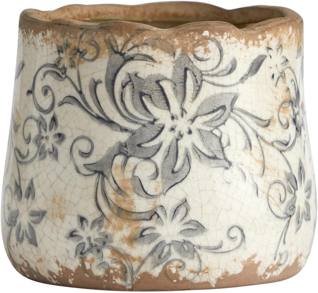 Nearly Natural 4.5" Tuscan Ceramic Gray Scroll Planter