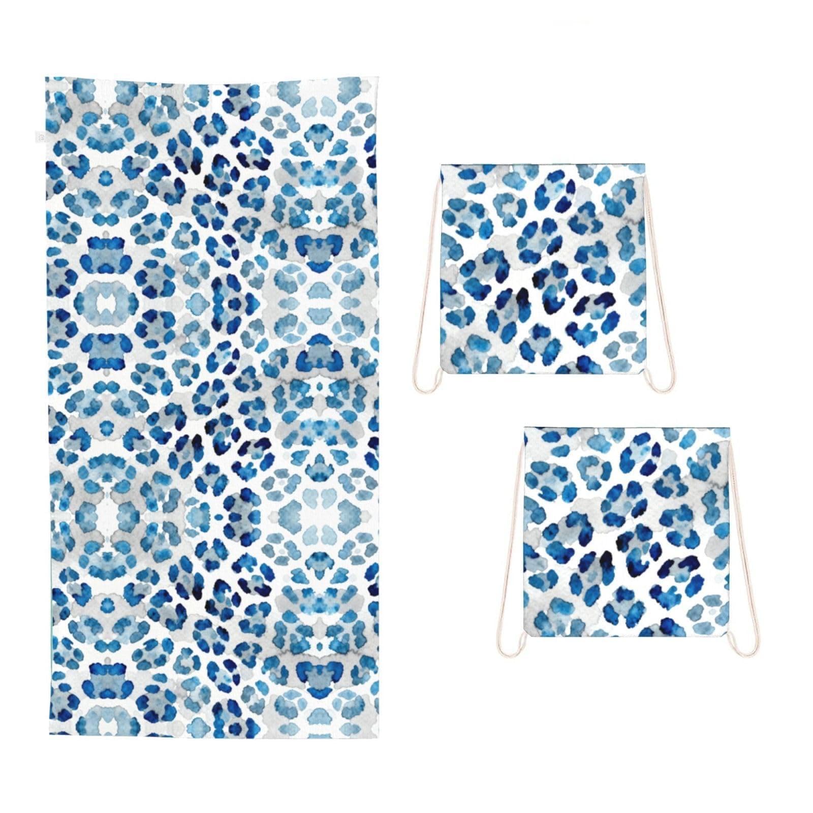 CNTDBU Blue leopard print 2 in 1 Packable Towel Bag-Large Beach Towel with Stuff Sack, Super Absorbent Microfiber Travel Towel for Pool