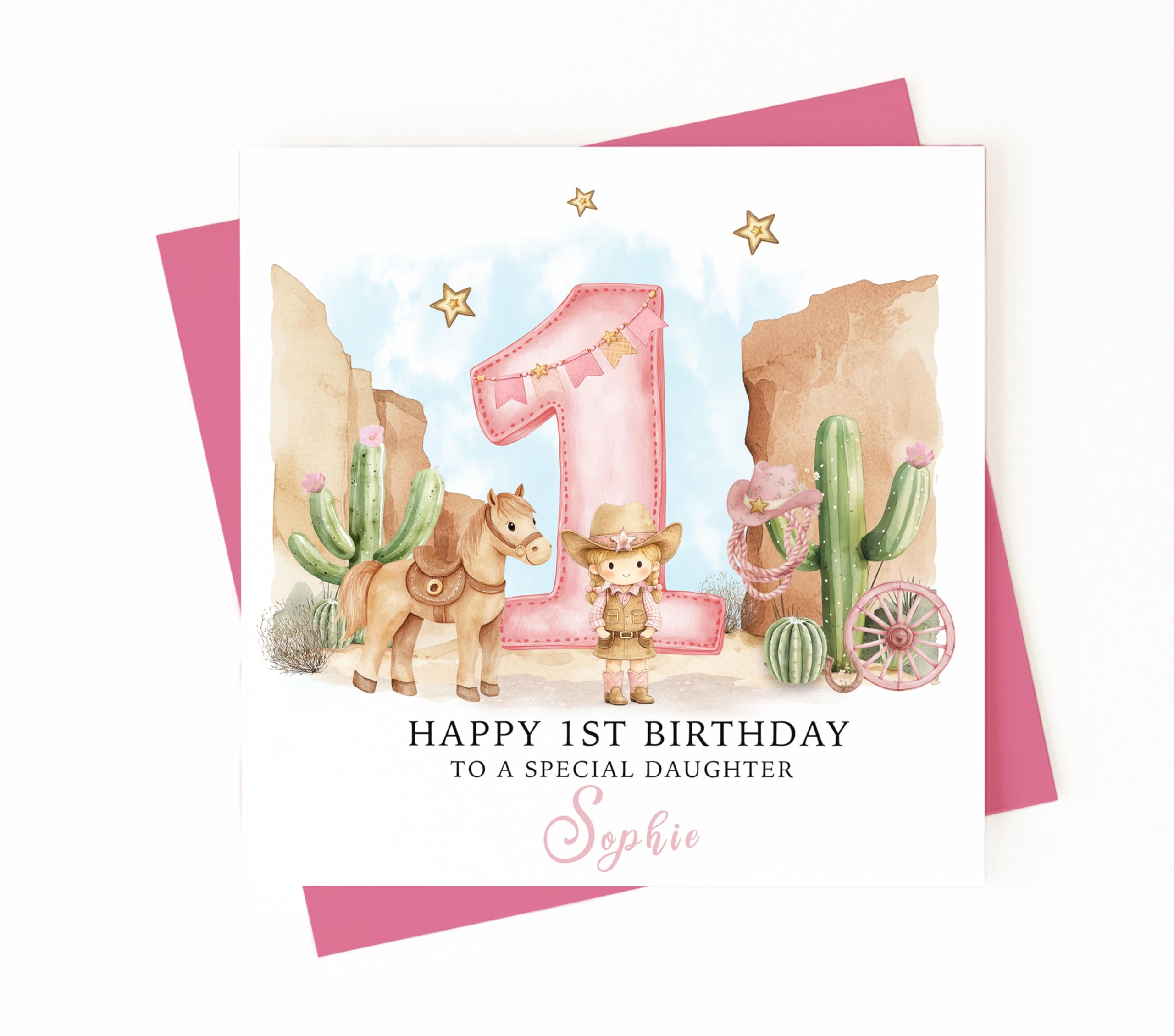 Personalised Girls 1st Birthday Card - Cowgirl Themed - My First Rodeo - Blonde Hair