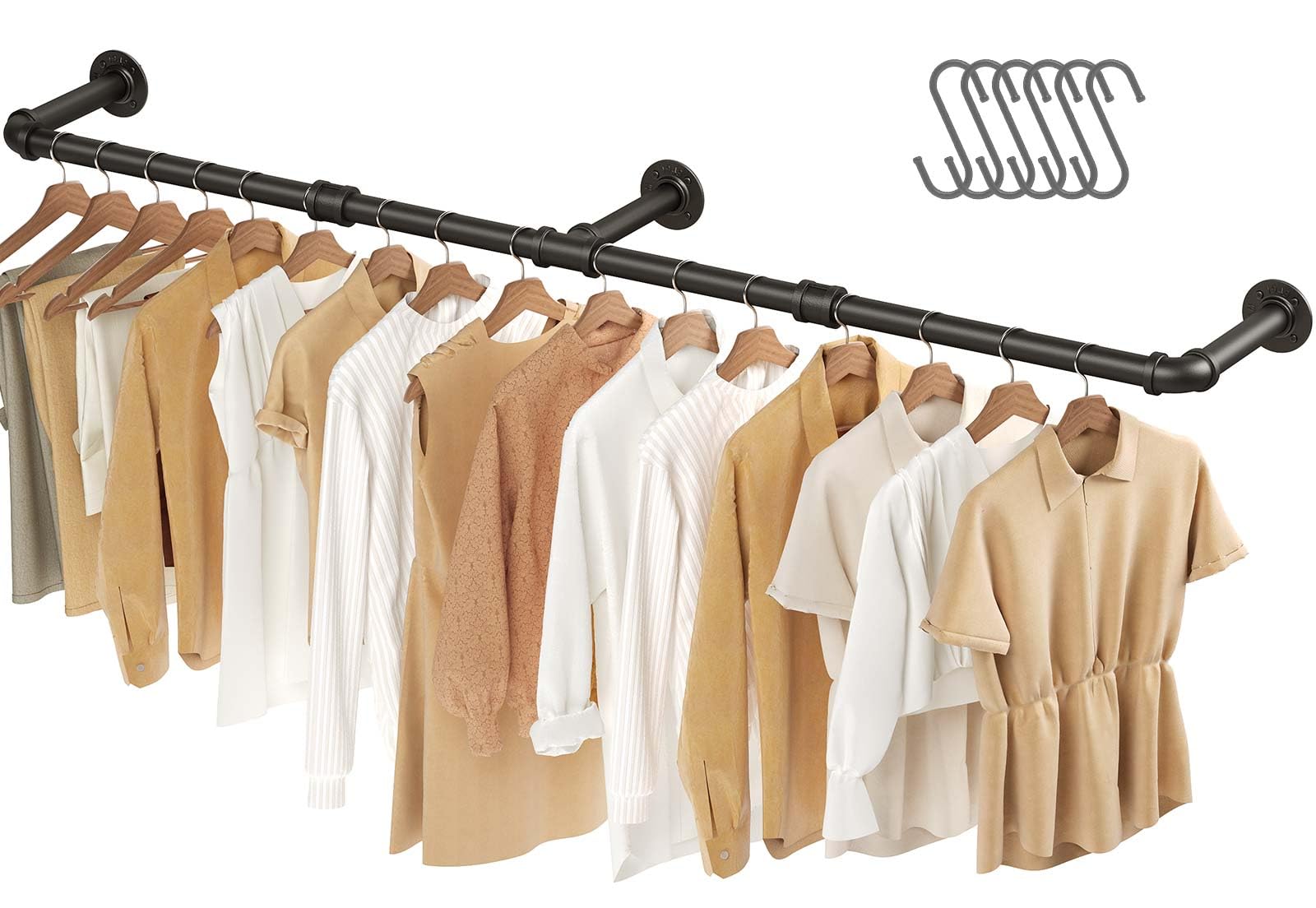 GREENSTELL Clothes Rack, 68 inch Industrial Pipe Wall Mounted Garment Rack, Space-Saving Heavy Duty Hanging Clothes Rack, Detachable Garment Bar, Multi-Purpose Hanging Rod for Closet Storage 3 Base