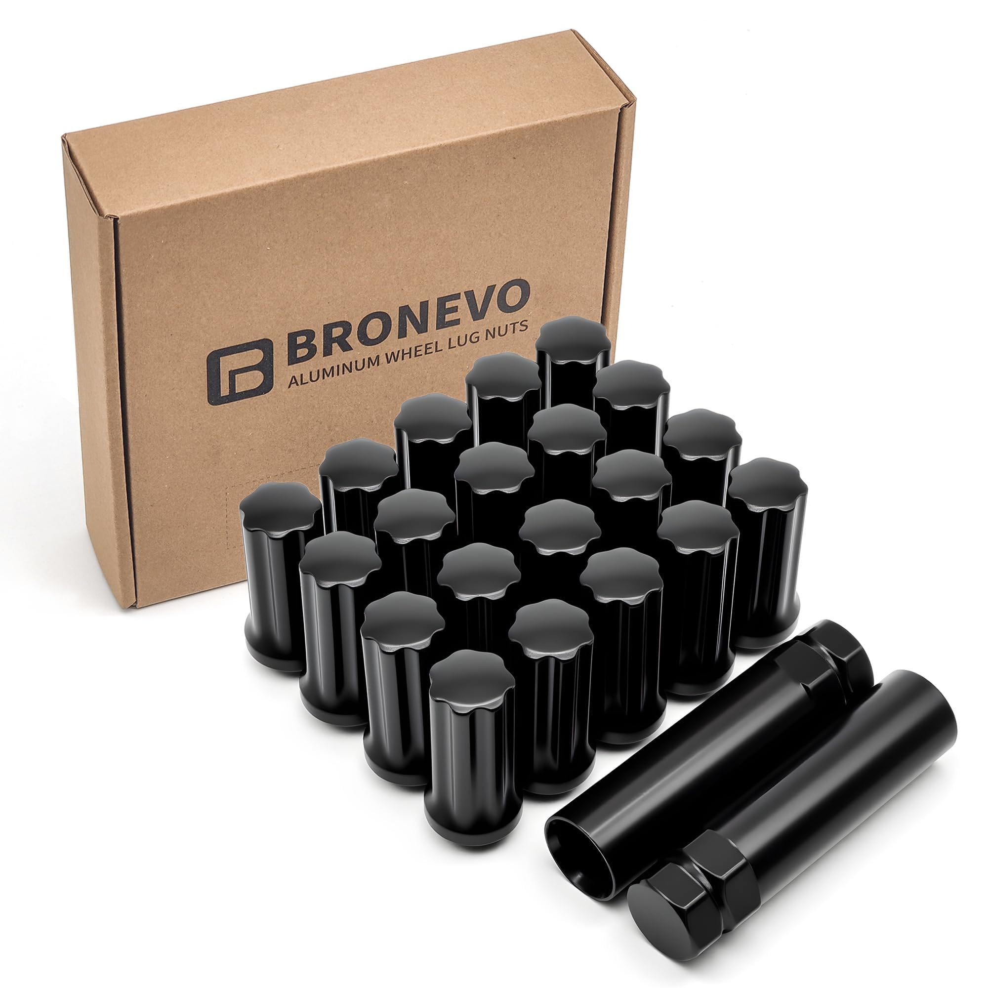 Photo 1 of [BRONEVO] 20pc 9/16-18 Spline Lug Nuts with 2 Socket Tools - 2" Long Black Nuts for Aftermarket Wheels - Replacement for Dodge Ram 1500, Dakota, Durango - 60 Degree Conical Seat