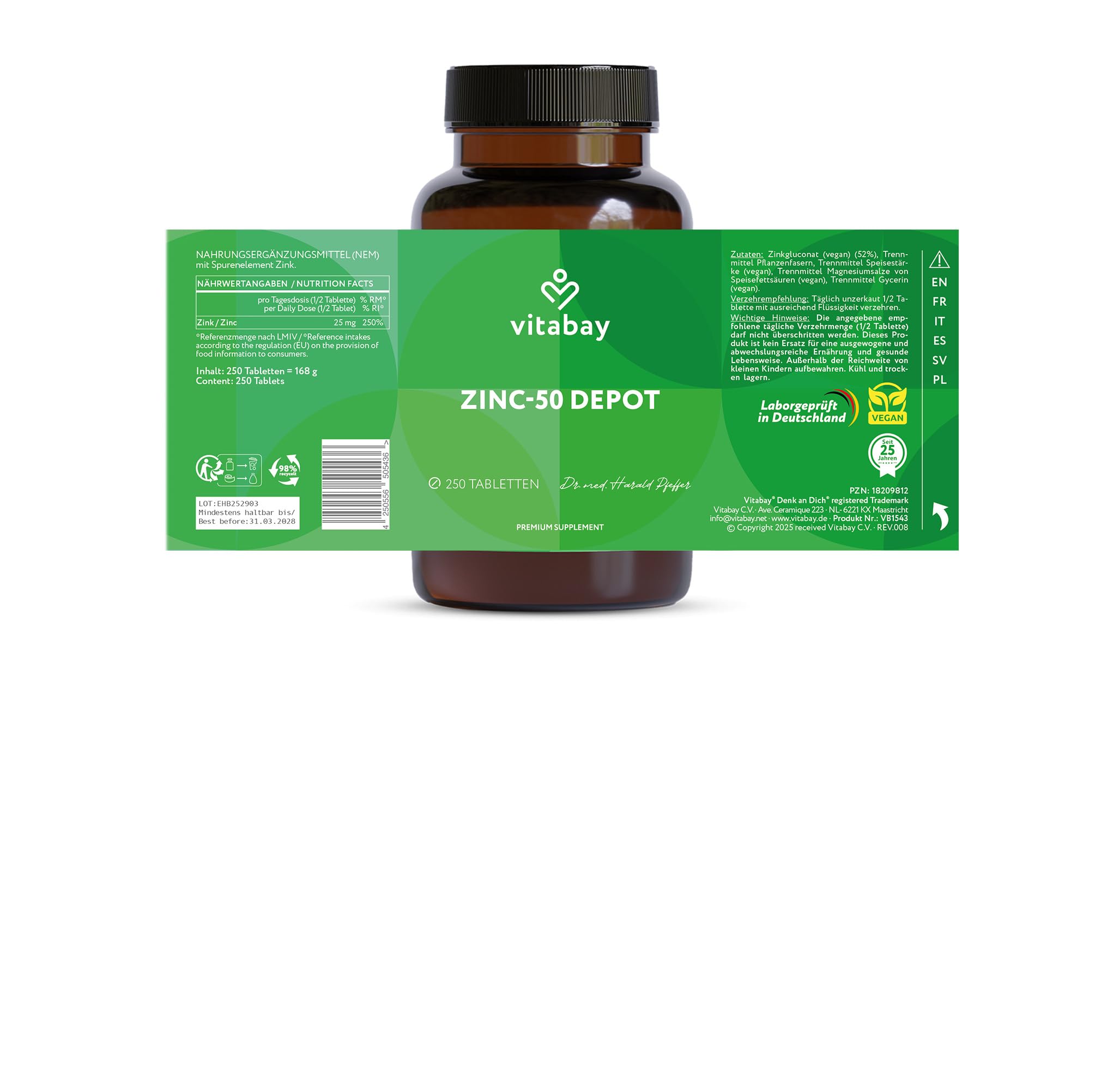 Vitabay Zink 50 mg hochdosiert – 250 teilbare Tabletten – Zinkgluconat für Immunsystem, Haut, Haare & Nägel – vegan & laborgeprüft in Deutschland – Vorrat für 16 Monate