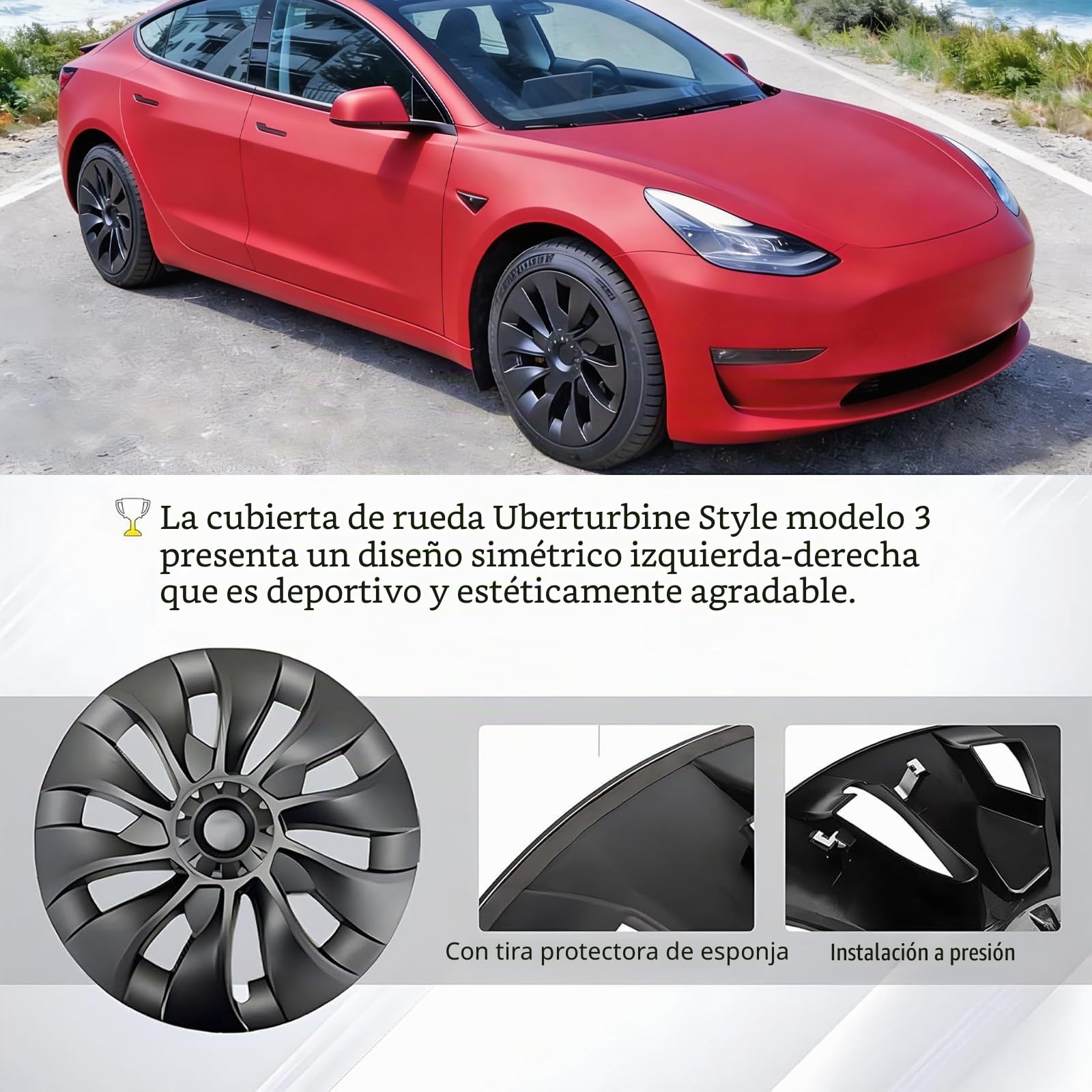 KAVANIC Tapacubos para Tesla Model 3 18 Pulgadas 2017-2023, 4 Unidades | Tapacubos estilo Uberturbine para Tesla Model 3 Ruedas Aero (RWD/AWD), Negro Mate, Diseño Simétrico, Mayor Autonomía
