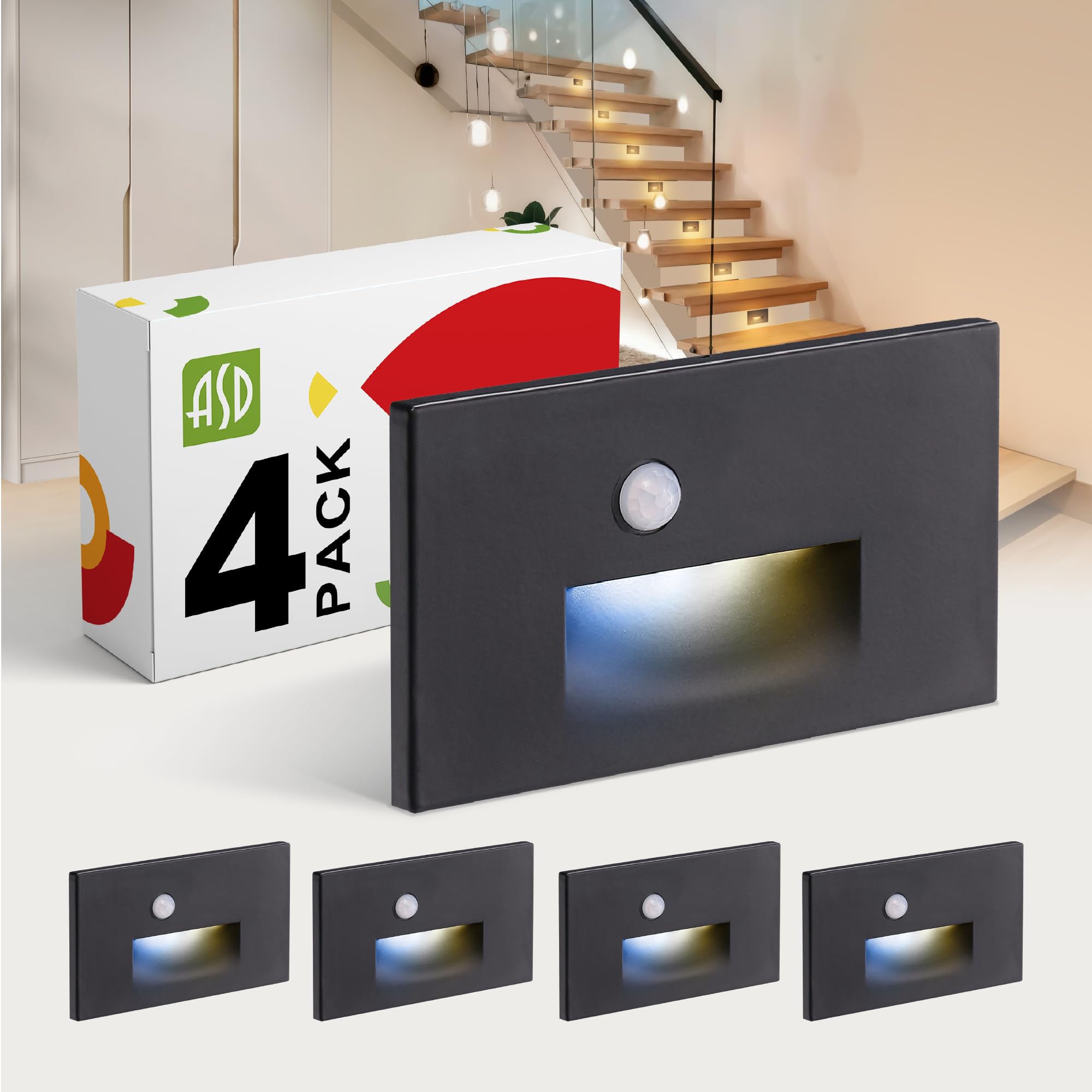 ASD LED Recessed Step Light Fixture, Outdoor &amp; Indoor Stair Tread Lighting | 3CCT, Motion Sensor, Waterproof, ETL Listed | 3W 120LM 3000K-5000K 120V | Staircase Hardwired Illumination | Black, 4 Pack