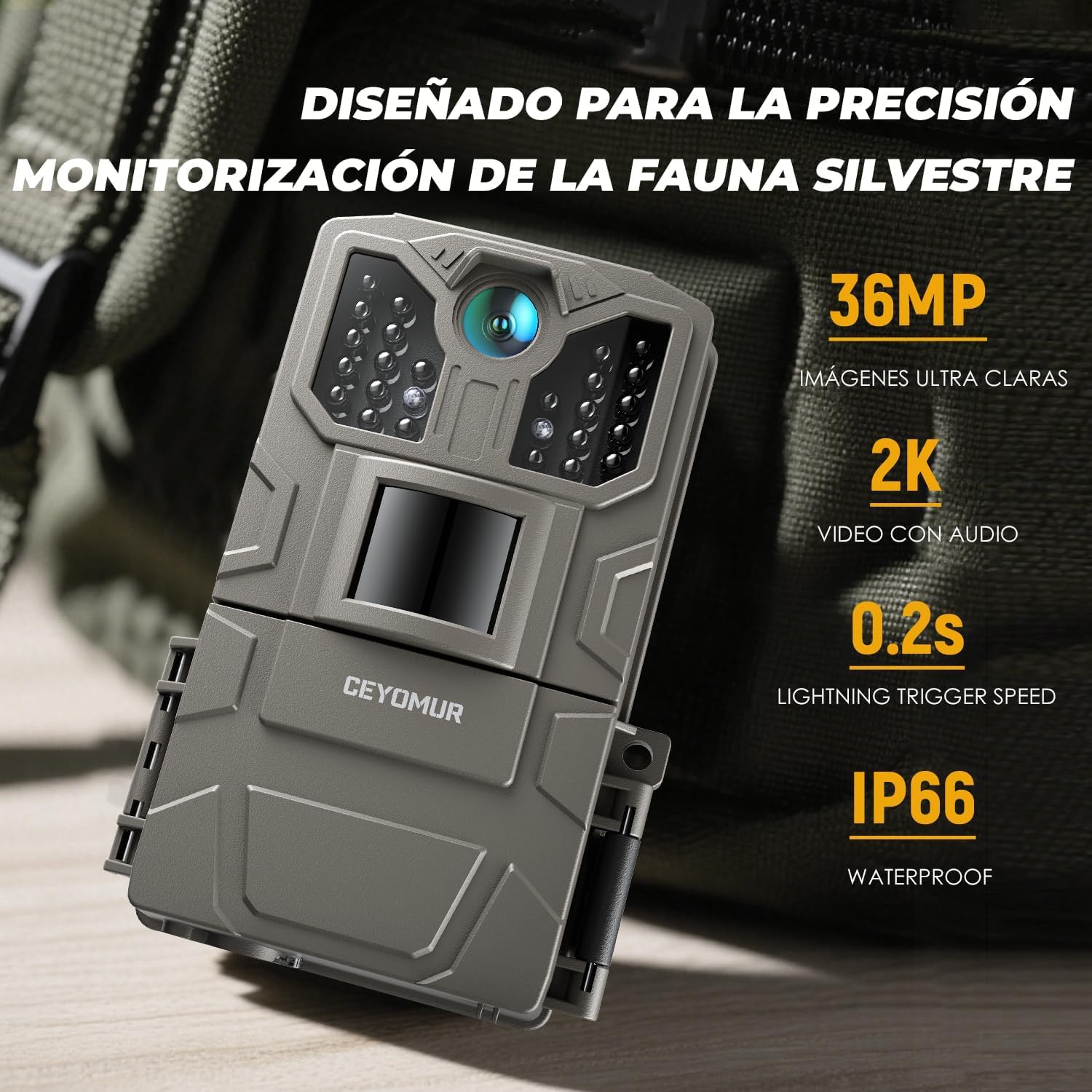 CEYOMUR Cámara de Caza 36MP 2K, Camara Fototrampeo Nocturna con LED IR 850nm y Sensor de Movimiento, Pantalla de 2" e Impermeable IP66 para Observación de Vida Silvestre y Monitoreo