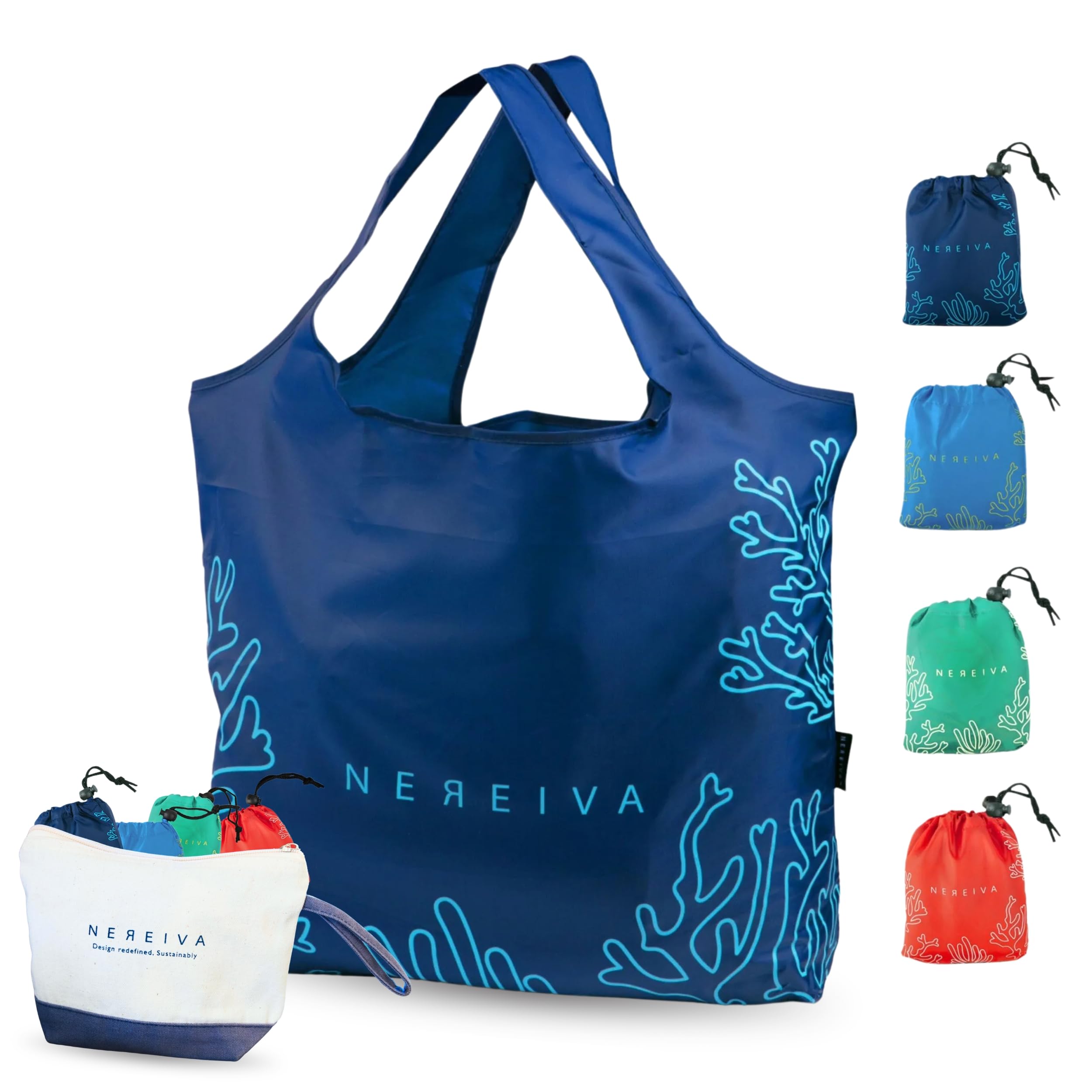 4 Pack Foldable Grocery Bags into Tiny Pouch - Large Capacity Multi-Color, Great for Travel, Durable, Washable Packable Shopping Bag, Comes with a carry pouch, Lightweight