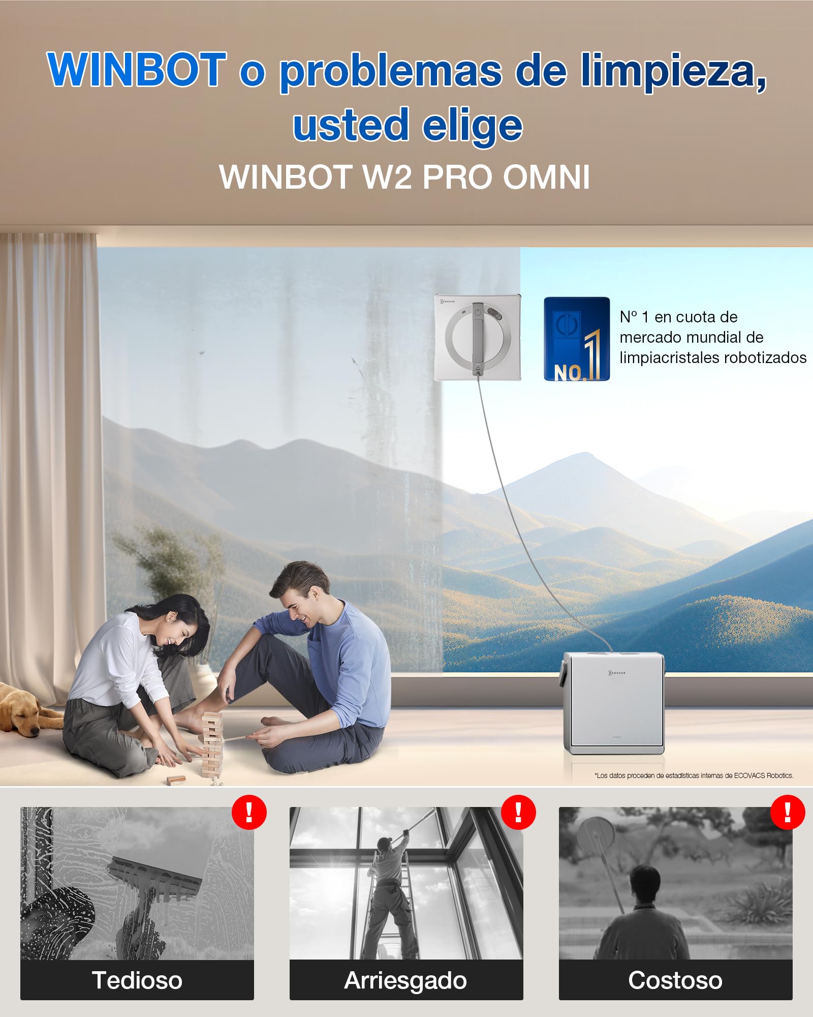 ECOVACS Winbot W2 Pro Omni Robot limpiacristales, con estación multifunción, Carga Durante el Funcionamiento, pulverizador de Agua de Triple Boquilla, protección de 12 Niveles