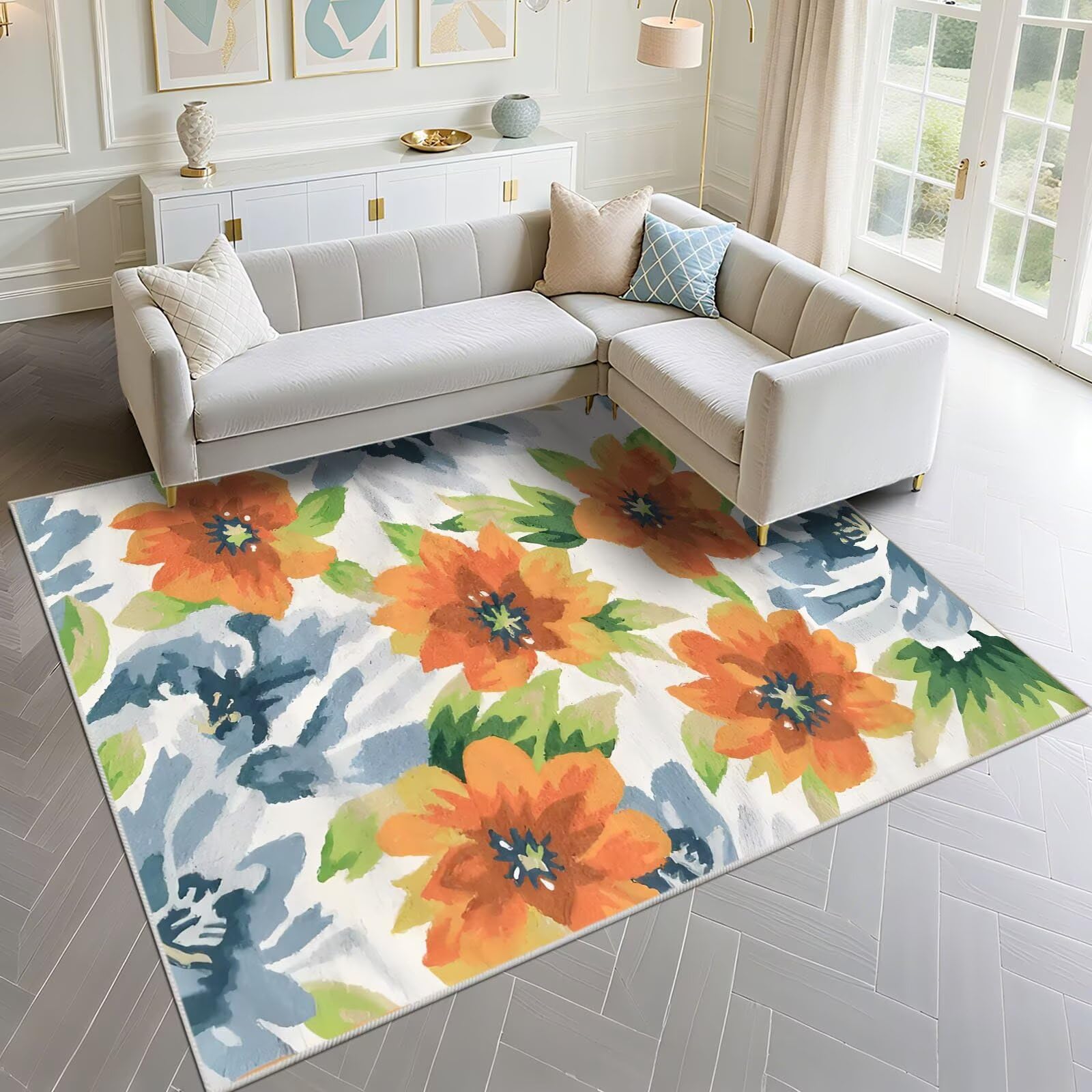 Tapis de porte d'entrée intérieur anti-peluche 70x100cm bleu et orange floral