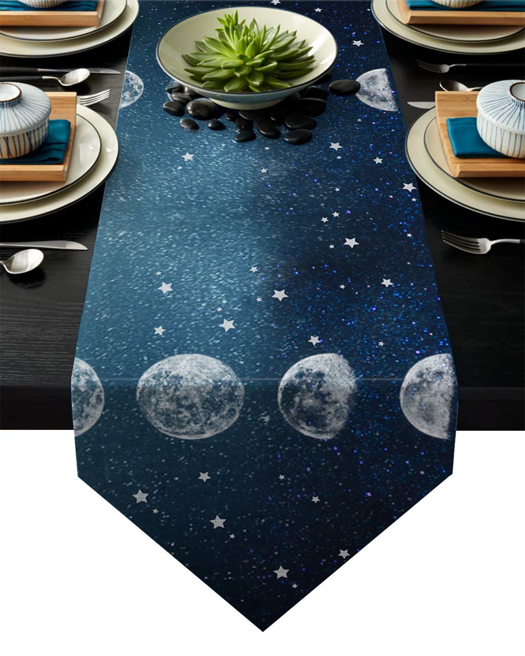Fandim Fly Dining Table Runner 14 x 72 Inch, Romantic Star Sky Moon Change Table Runners for Morden Stylish Wedding Party Holiday Table Setting Decor