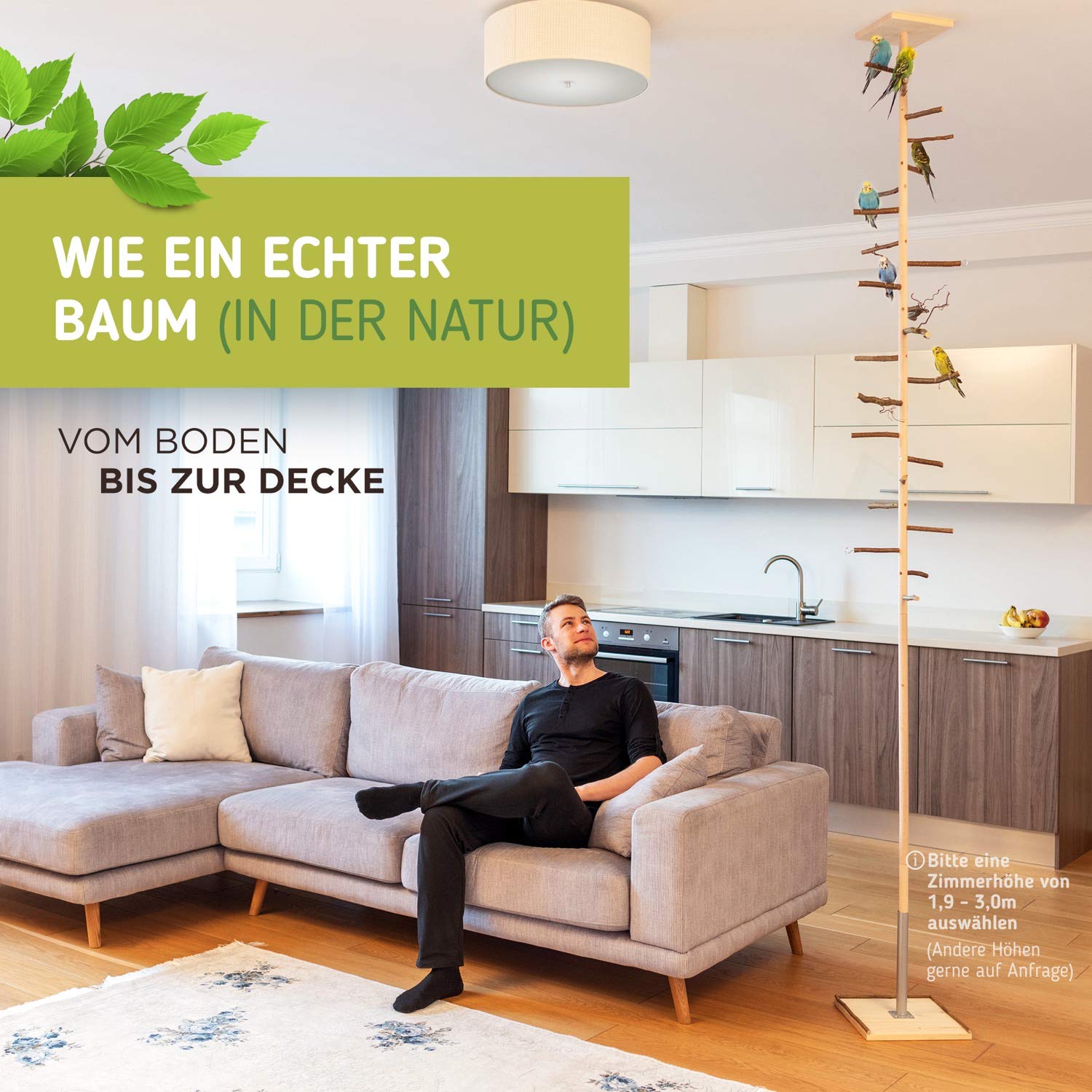 Vogelgaleria® Zimmerhoher Vogel-Kletterbaum 253-255 cm HiFly Basic mit Naturholz-Sitzstangen Vogelspielzeug Vogelspielplatz Freisitz Freiflug Landeplatz für Wellensittich Nymphensittich