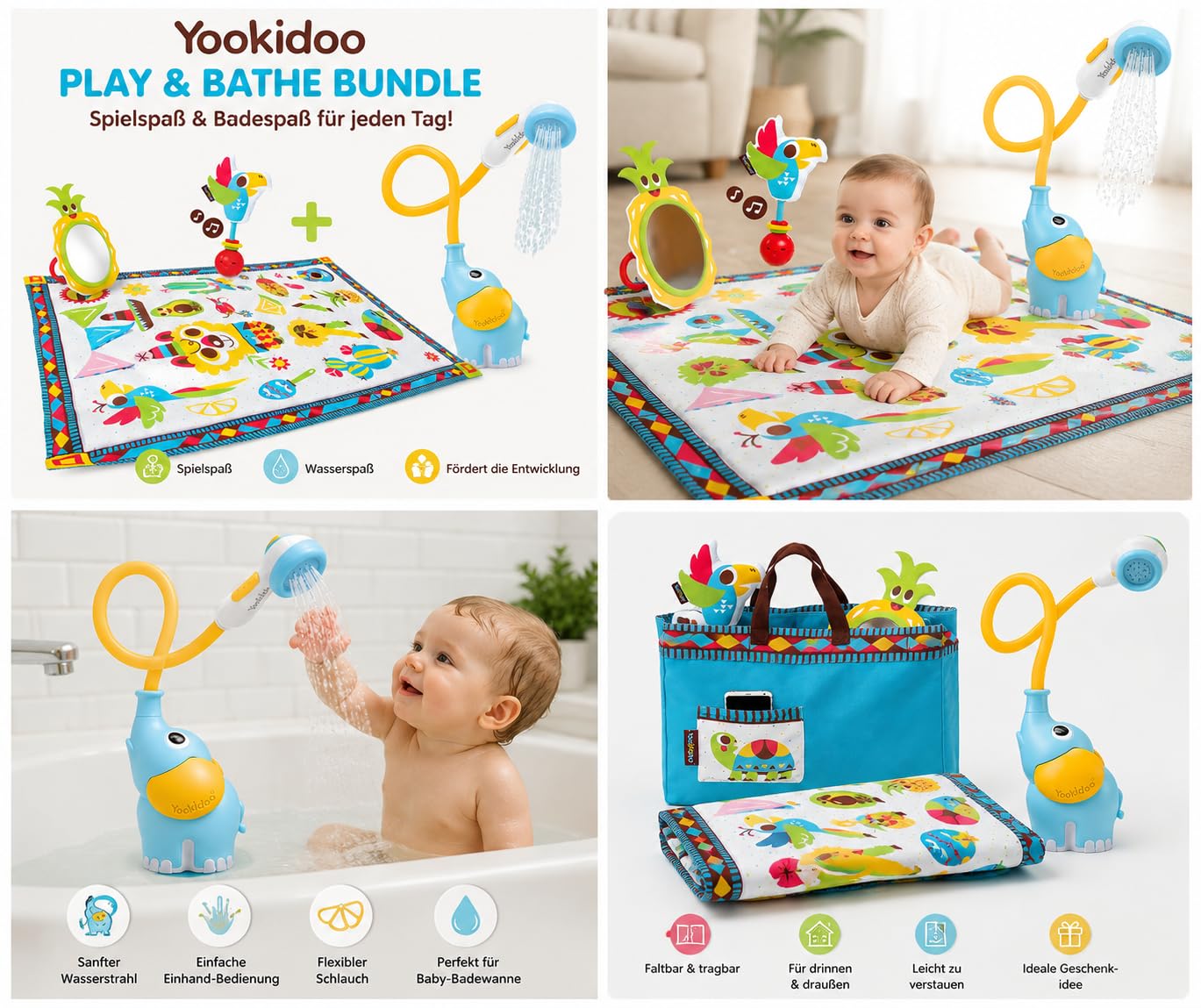 Yookidoo Fiesta Spielmatte & Baby Duschkopf Bundle – XL Spieldecke 145 x 100 cm mit Sensorischem Spielzeug + Elefanten Baby-Badewannen Duschkopf