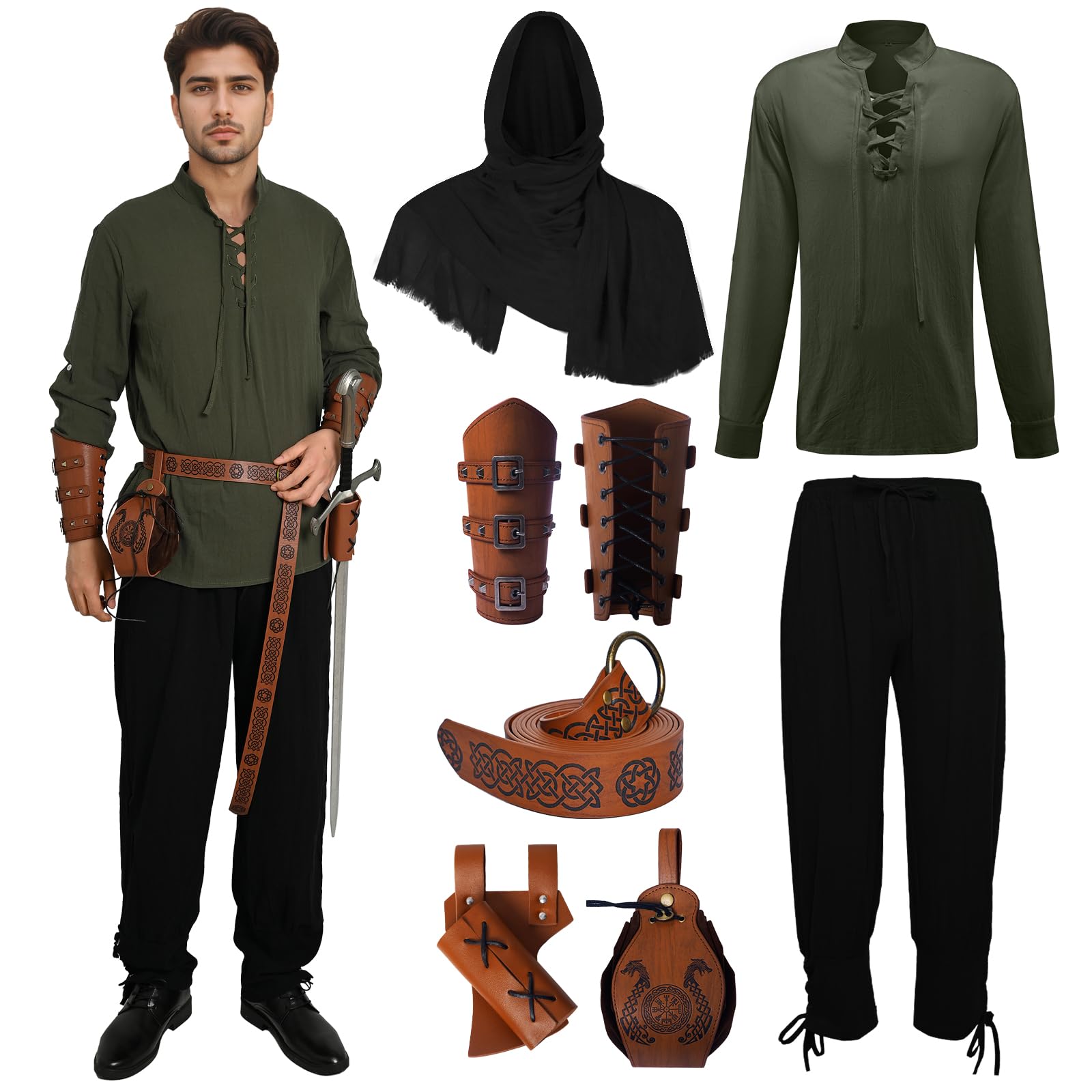 Costume da uomo medievale rinascimentale, costume vichingo, camicia con lacci, pantaloni da uomo con accessori, costume di Halloween per cosplay, maschera, mago