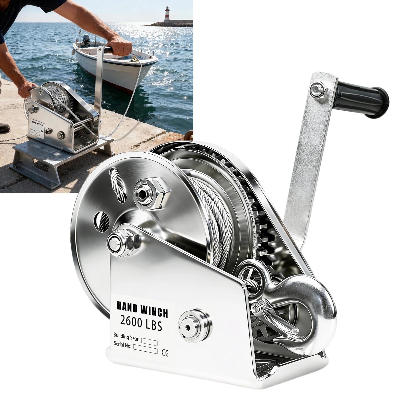 Verricello Manuale Acciaio Inox 500kg 10m con Freno(2600lbs) | Argano Manuale Piccolo con Cricchetto e Doppio Freno Autobloccante, per Barca Rimorchio Traino e Sollevamento