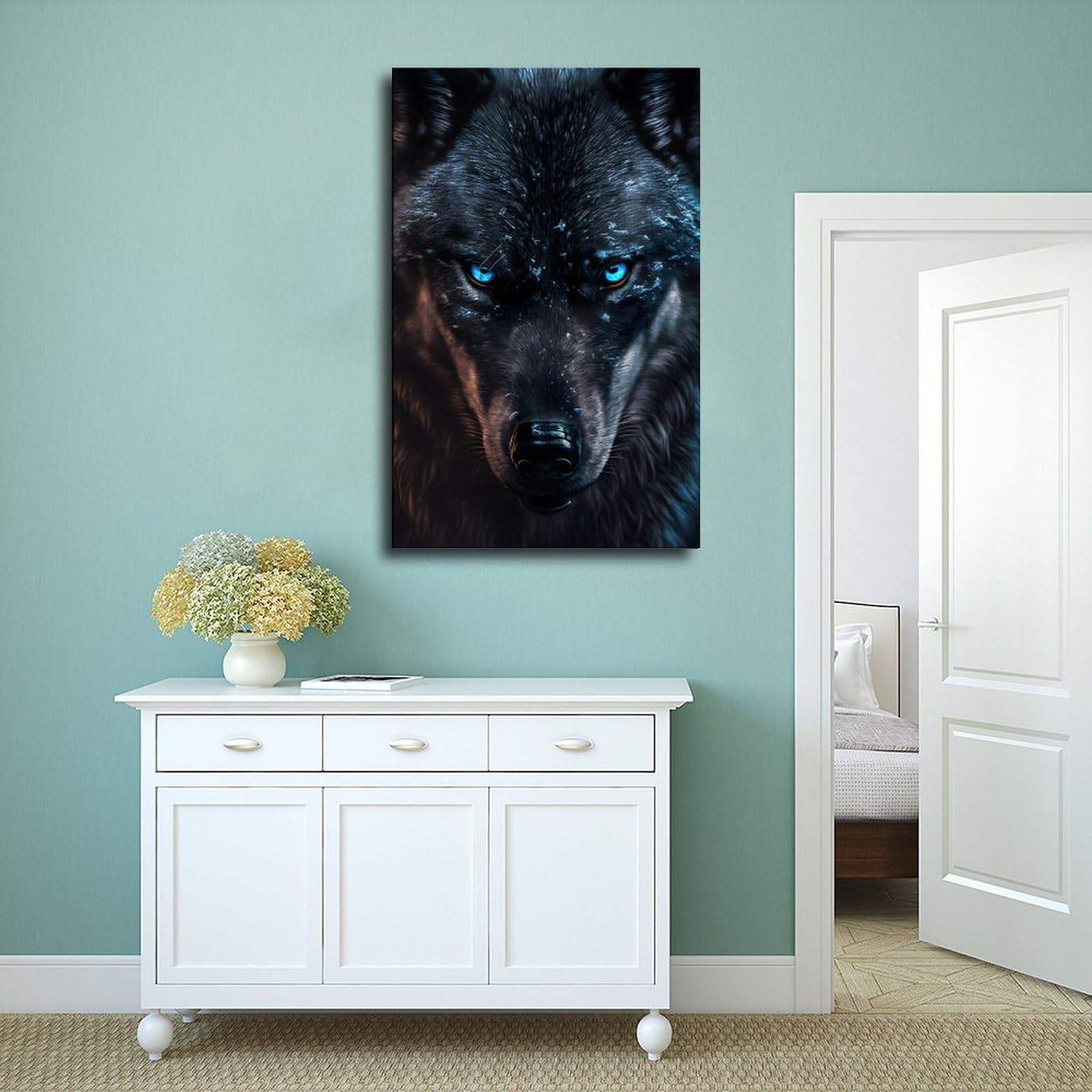 Stampa artistica su tela con animali del lupo arrabbiato bianco e nero, decorazione per camera da letto, per ufficio, camera da letto, regalo, con cornice, 40 x 60 cm