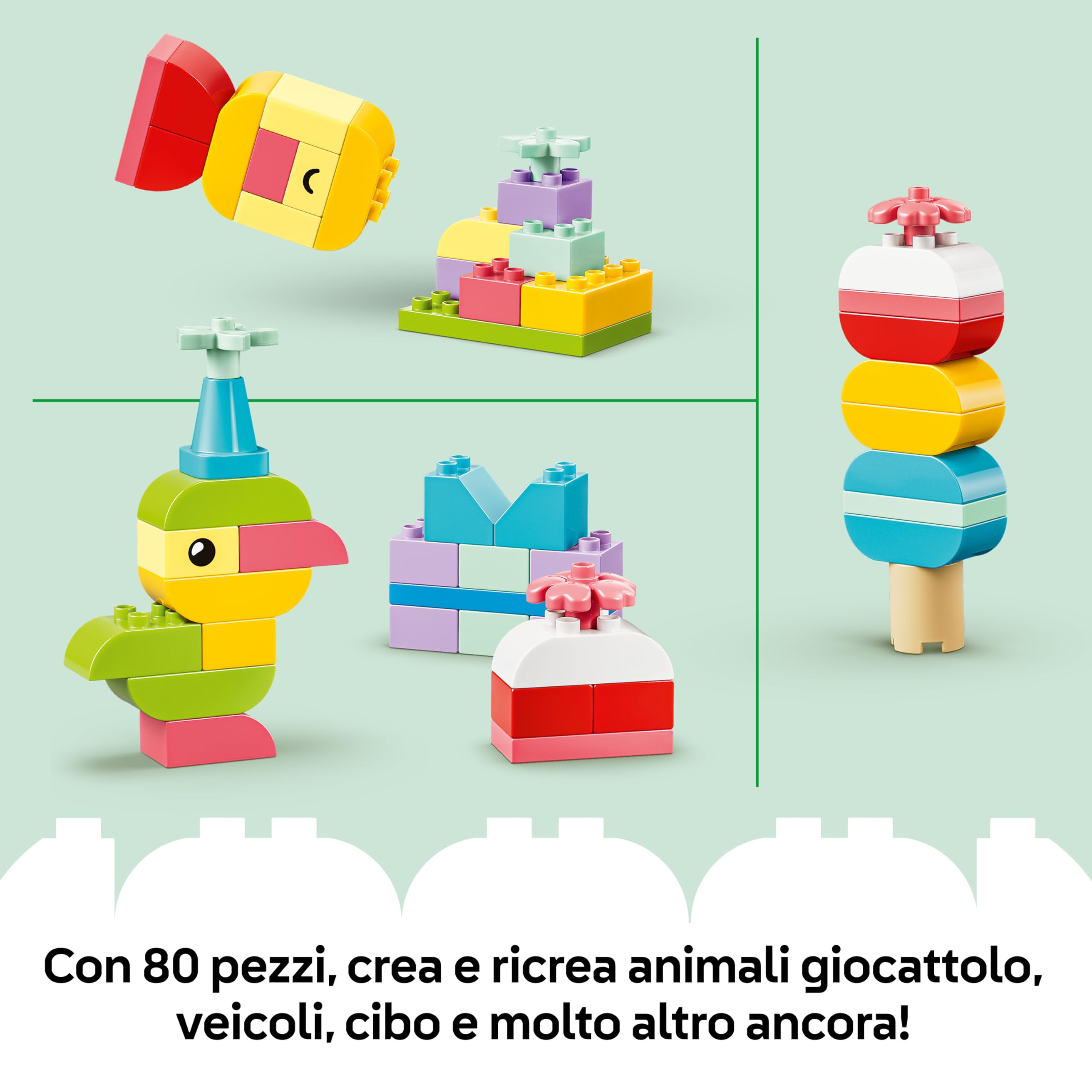LEGO DUPLO Scatola Creativa Colorata - Giochi Didattici per lo Sviluppo della Motricità Fine - con Mattoncini con Numeri, Animali, Veicoli e Cibo - Regalo per Bambini e Bambine da 1 Anno in su - 10479