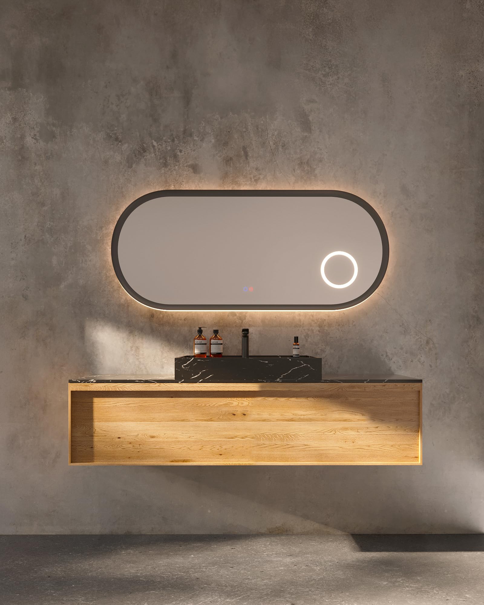 Mice - Espejo Elíptico - Aumento x3 con Luz LED - Doble Iluminación Sensor On/Off, Antivaho, 3 Tonos LED - Espejo para Vestidor - Centro Estetica - Baño Marco Aluminio Negro Mate 100x55cm