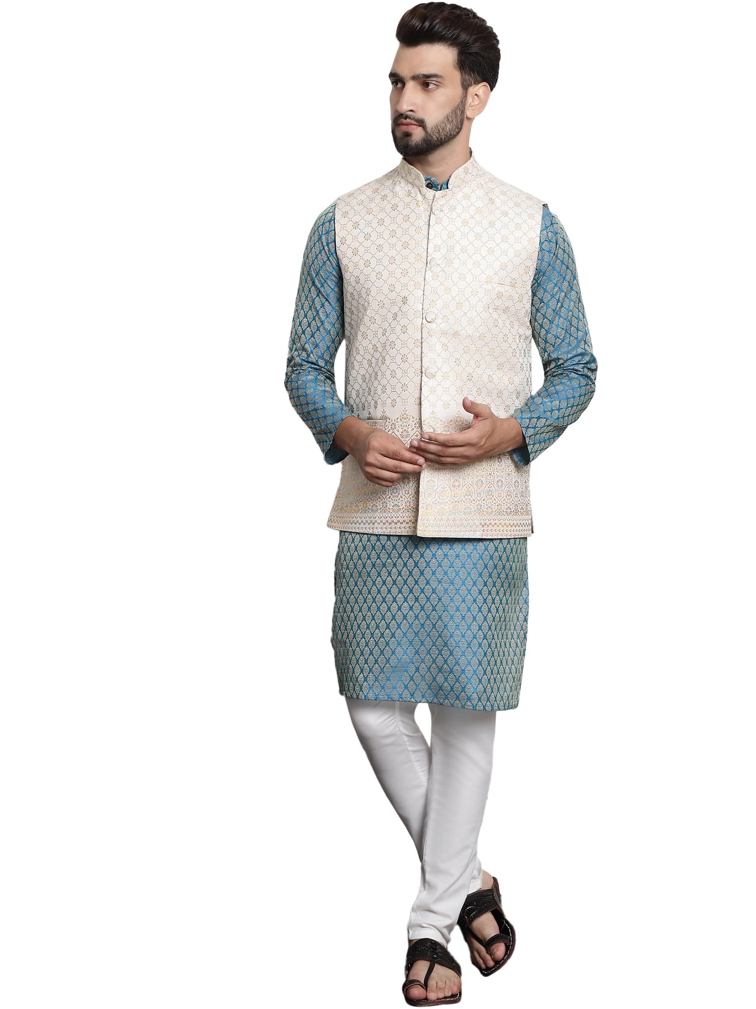 Sojanya (Since 1958 Men's Jacquard Silk Tgreen Kurta And Off-White Pyjama With Cream Nehru Jacket
