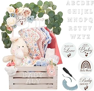 Wooden Crate Closet - Customizable Wooden Crate Box with Dual Rod System, Personalized Baby Basket Alphabet Letters, Easy Assembly Baby Baskets (Rustic White)