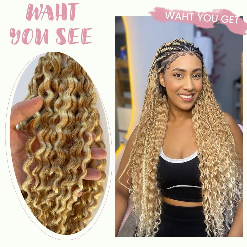 Blonde Human Braiding Hair P27/613 Highlight Honey Blonde Deep Wave Braiding Hair 18 18 Inch 613 Deep Curly Boho Hair for Braiding two tone 27 mixed with 613 color 2 Bundles/100g