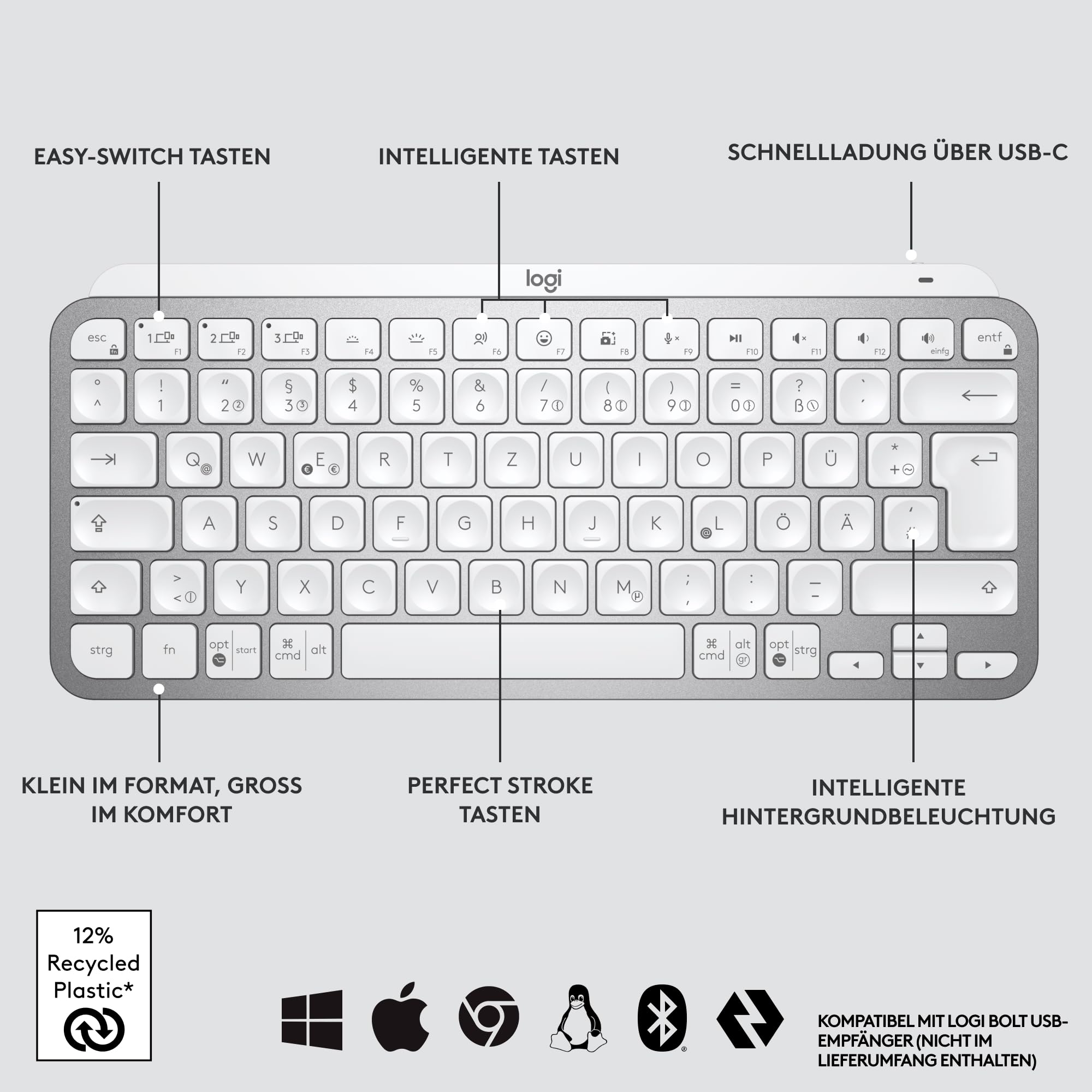 Logitech MX Keys Mini Kabellose Tastatur, Kompakt, Bluetooth, Hintergrundbeleuchtung, USB-C, Kompatibel mit Apple macOS, iOS, Windows, Linux, Android, Metallgehäuse - Hellgrau