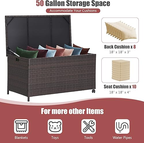 Miniatura 4 de Giantex Caja de almacenamiento de mimbre para exteriores, contenedor de almacenamiento de ratán de polietileno de 50 galones con tapa, forro