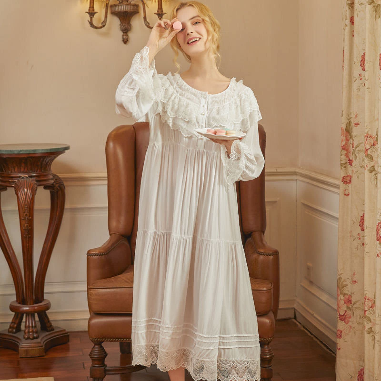 OFFSUM Camisón De Pijama De Mujer - Vestido De Encaje con Cuello Redondo Blanco Primavera Verano Elegante Camisón Vintage Princesa Ropa De Dormir Informal Bata De Novia De Gran Tamaño