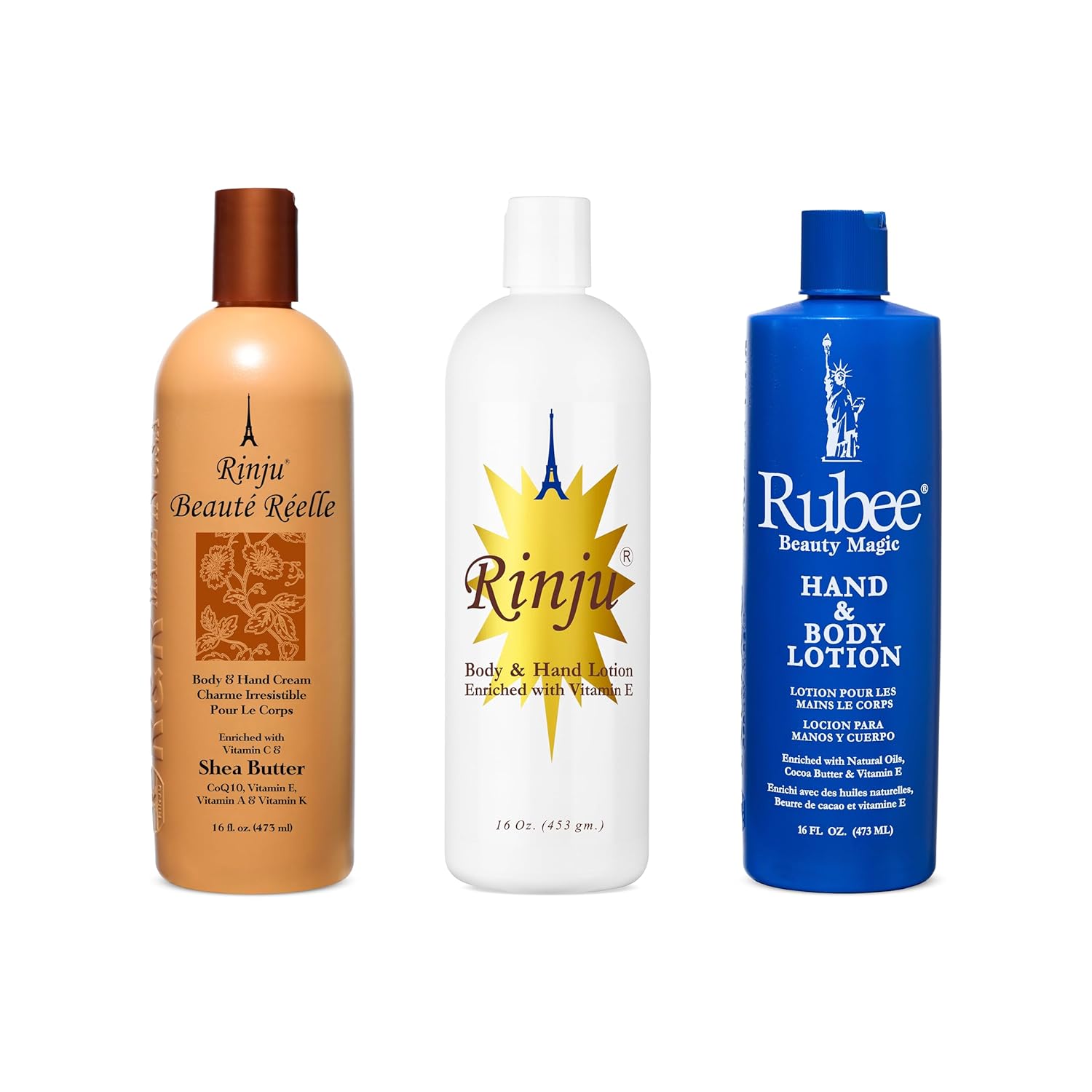 Rinju Beaute Reelle, White, Rubee Body & Hand Cream with Shea Butter, Vitamins C E K, 16 fl oz Pack of 3