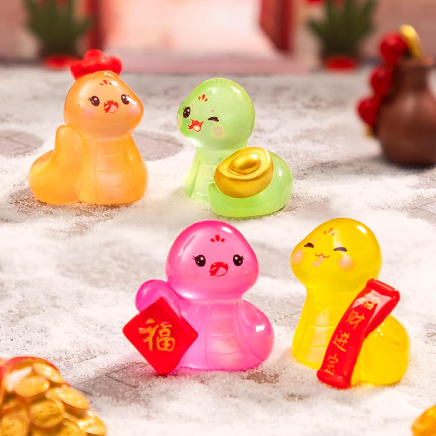 50Pcs Glowing in Dark Snake Cartoon Miniatures Ornaments for Living Room Desktop Decoration New Year Celebration