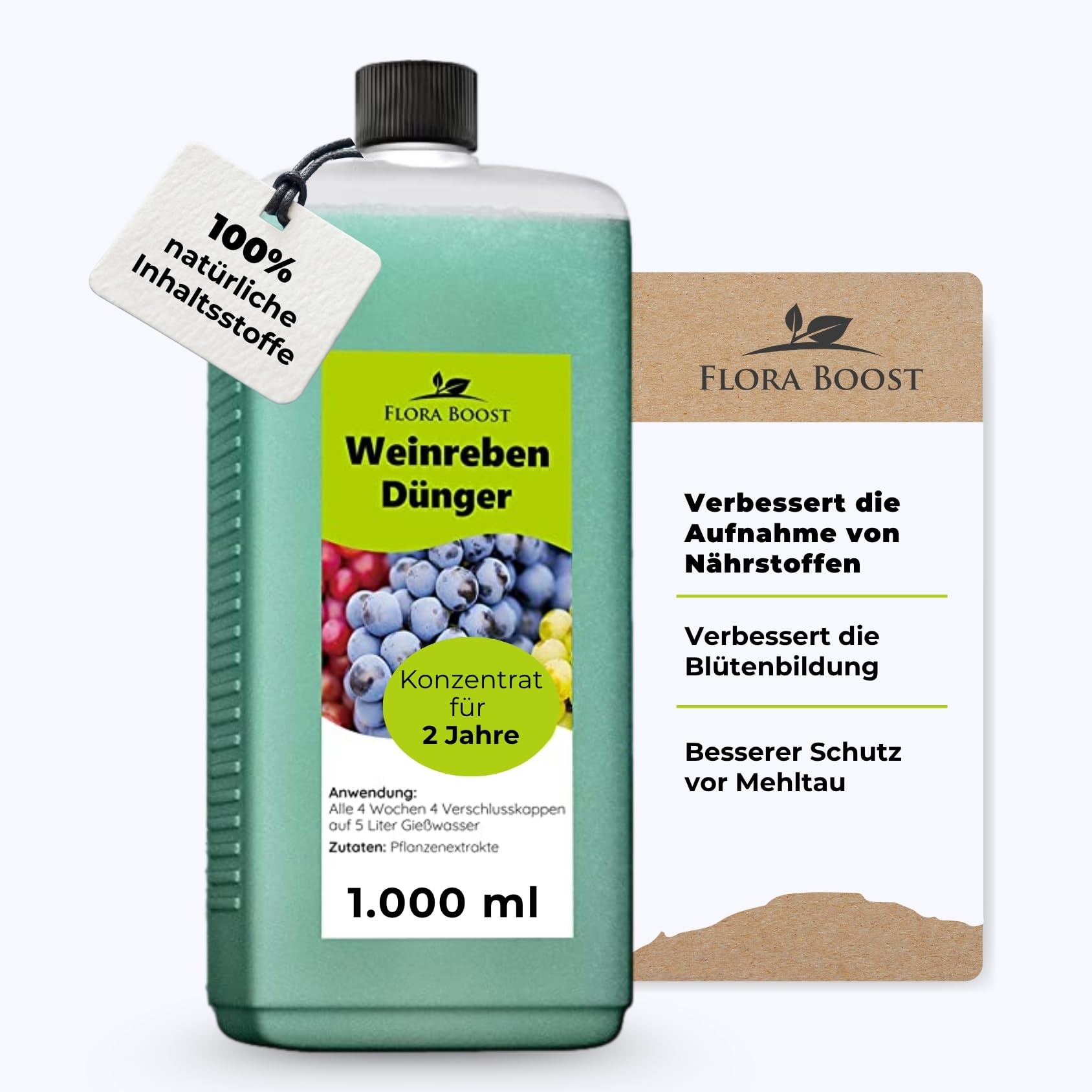 Flora Boost Weinreben Dünger Flora Boost 1000ml I Für bis zu 200L Gießwasser I Für gesunde Weinreben & Schutz vor Mehltau I Flüssiger Blatt- & Wurzeldünger I 100% natürlicher Pflanzendünger