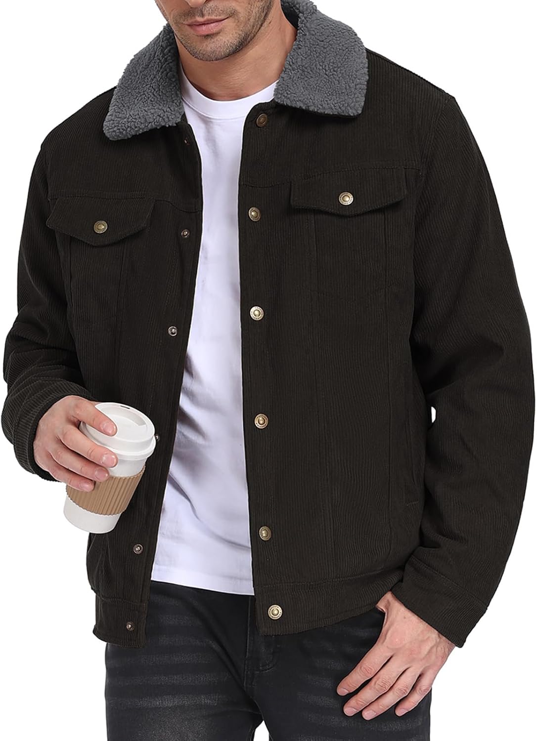 HOTIAN Men's Corduroy Jacket Sherpa Lined Fleece Trucker Jackets Lapel Collar Button Thickened Winter Warm Coat - Image 7