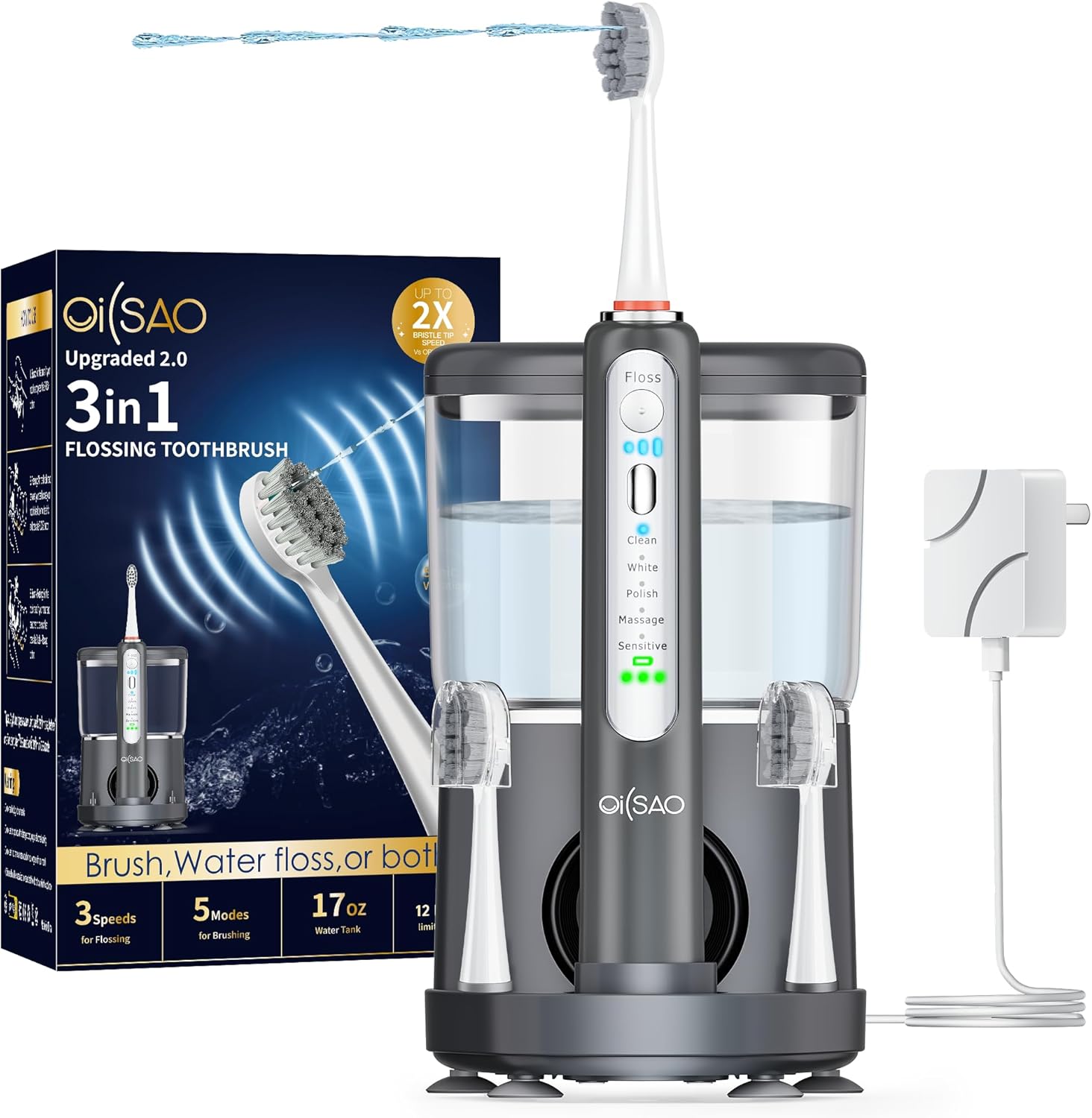 Electric Toothbrush with Water Flosser Combo in One, Professional Flossing Toothbrush for Teeth Cleaning and Flossing, Plaque Removal, Rechargeable,5 Brush Modes & 3 Flossing Speeds,500ML,Gray