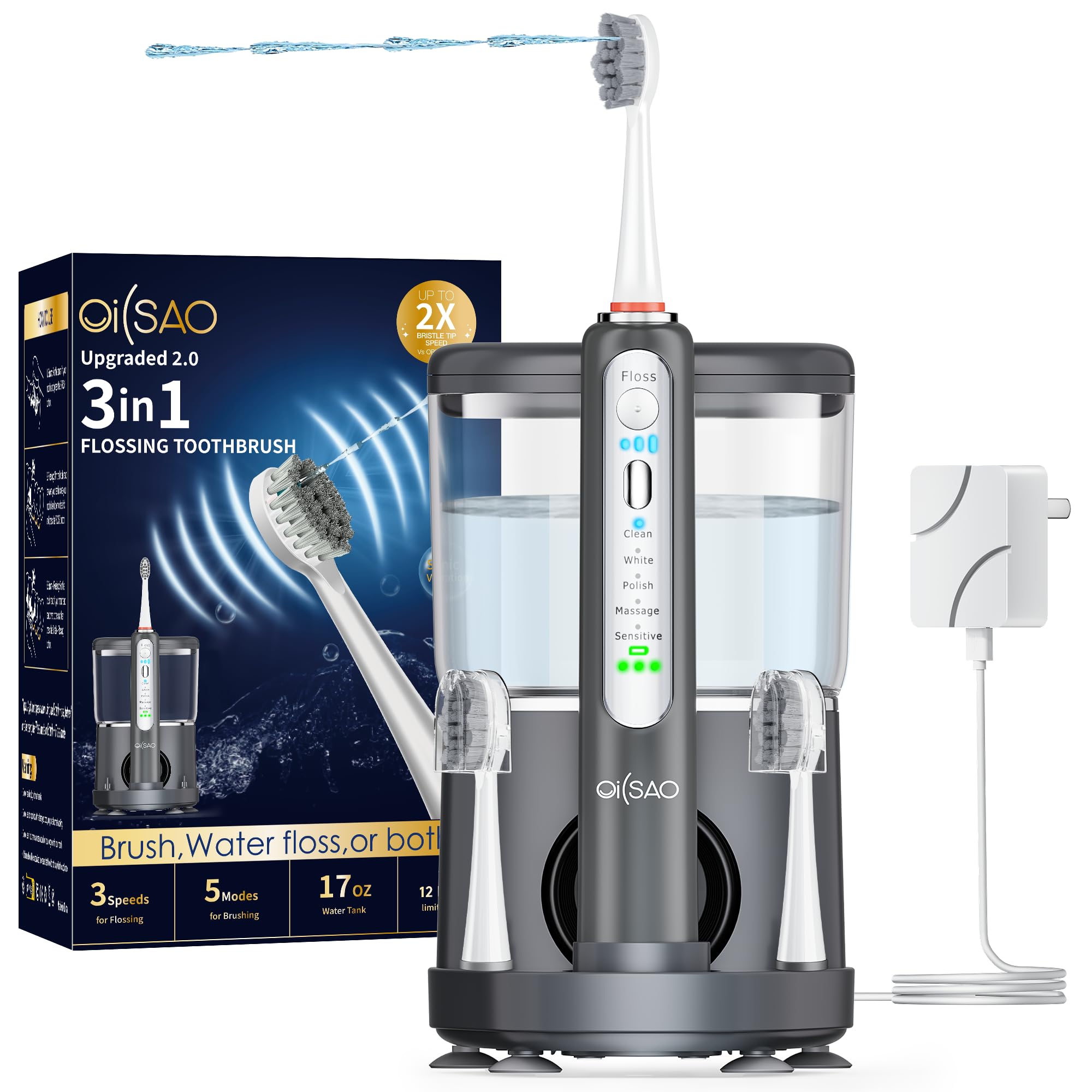 Elektrische Zahnbürste mit Wasserflosser-Combo in einem, professionelle Zahnseide-Zahnbürste für Zahnreinigung und Zahnseide, Plaque-Entfernung, wiederaufladbar, 5 Bürsten-Modi und 3
