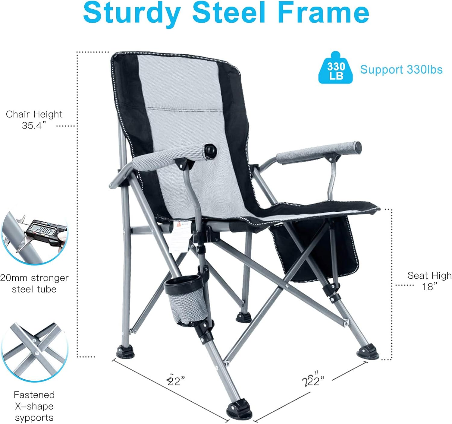 Camping Chair for Adults,Portable Folding Lawn Chair for Outside,Heavy Duty Camping Chair Support up to 330lbs,Collapsible Outdoor Chair with Cup Holder(Grey)