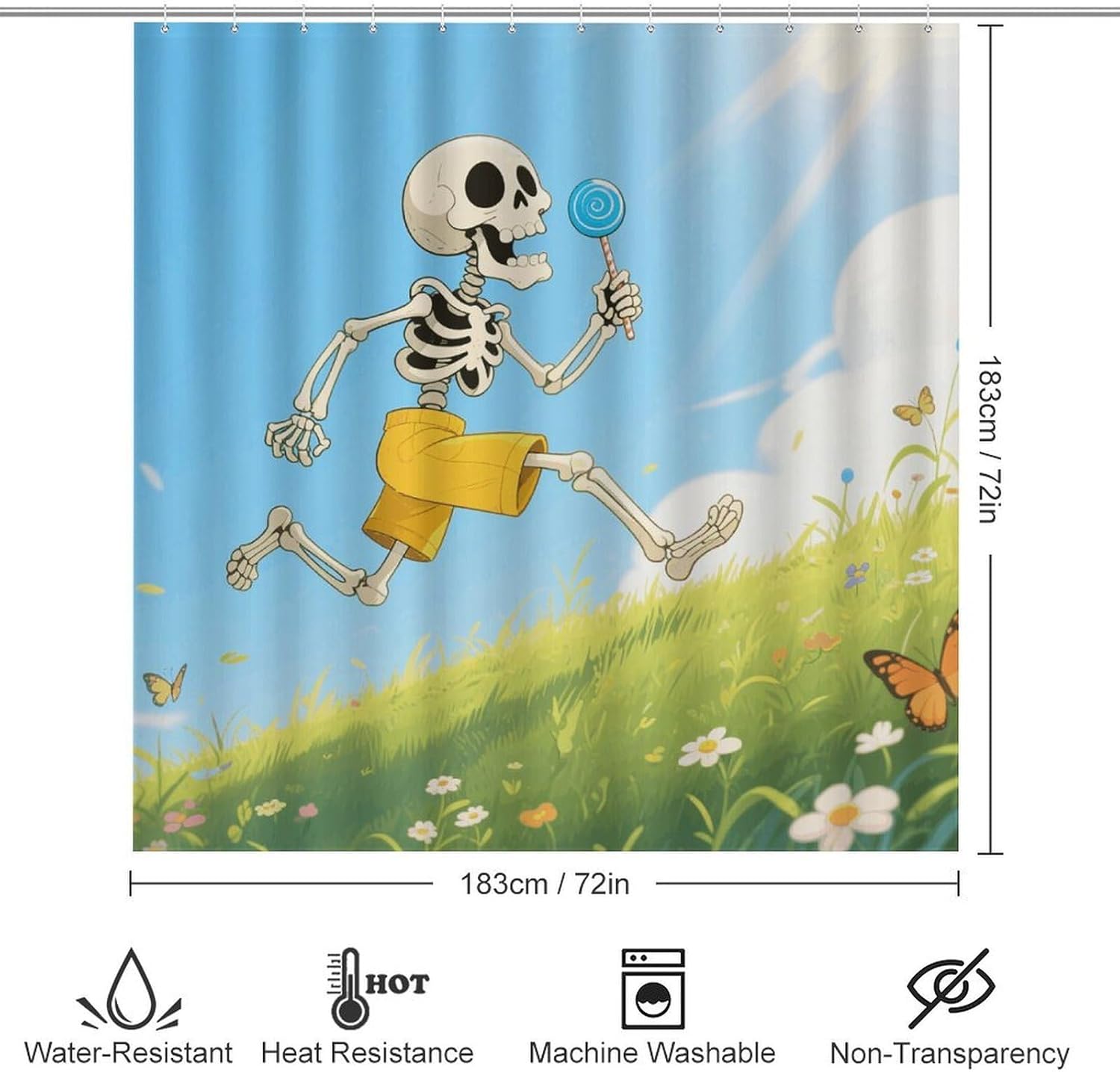 Funny Skull Shower Curtain Set 4 Piece, Non-Slip Bath Mat with Toilet Lid Cover and Waterproof Shower Curtain with 12 Hooks, Complete Bathroom Set for Home Decor