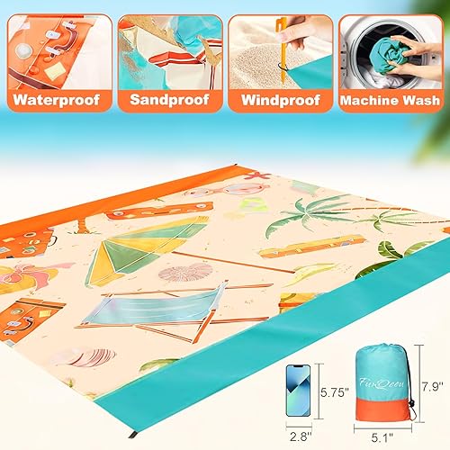 Miniatura 2 de FunQeeu Manta de playa, grande de 83 x 79 pulgadas, manta de picnic a prueba de arena para 2-8 adultos, accesorios para exteriores, portátil,