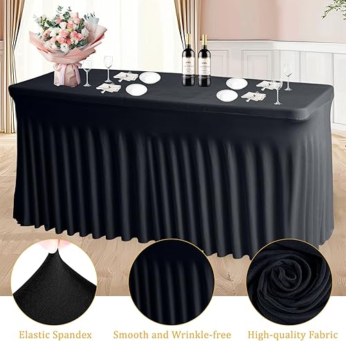 Miniatura 4 de JCJ Faldón de mesa para mesas rectangulares, manteles negros ajustados de elastano para mesas de 6 pies, resistentes a las arrugas, faldas elásticas