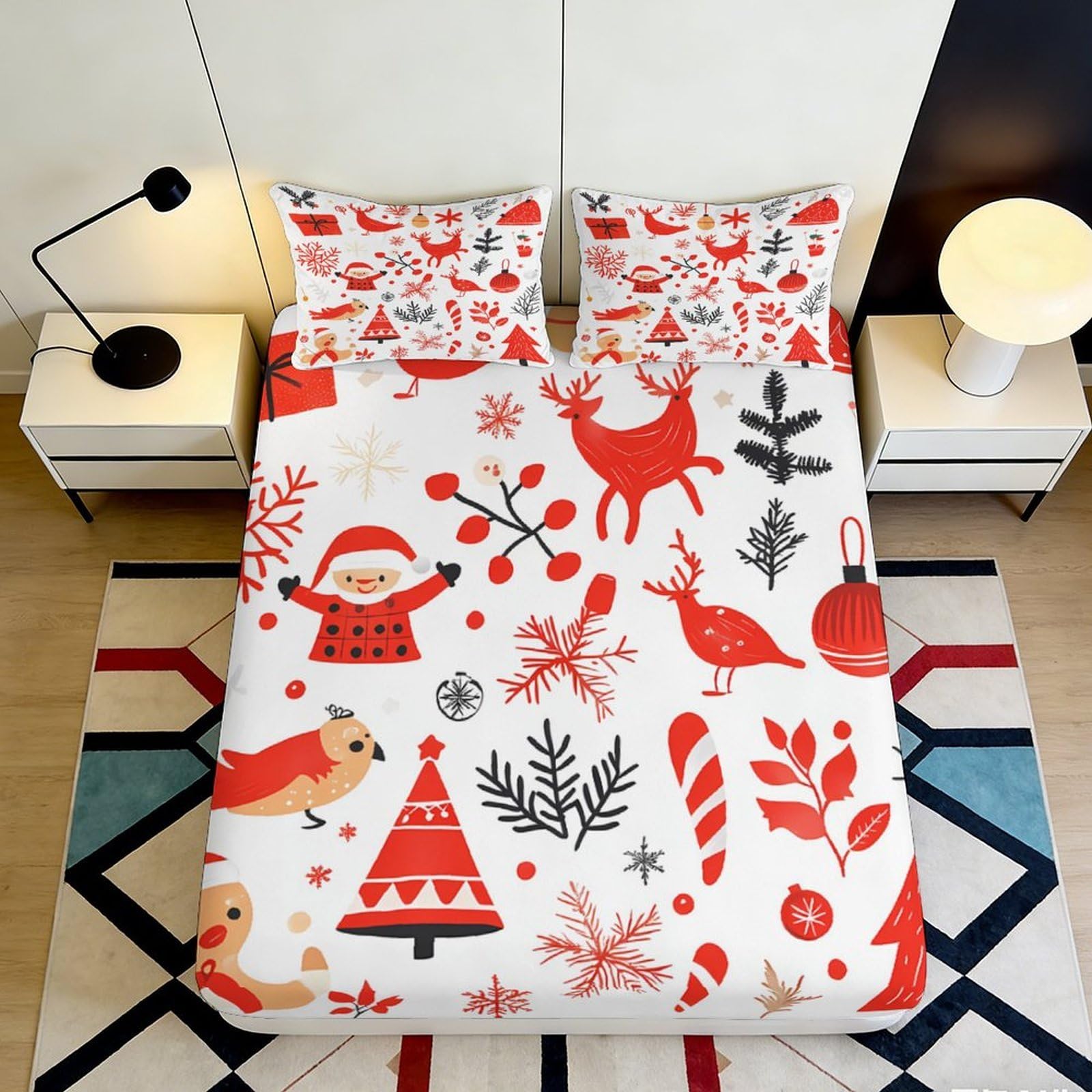 Uxinyoume Style-9 3D Printed Christmas Santa Fitted Sheet Microfiber Red Reindeer Mattress Cover For Bedroom Guest Room Decor Protection 90X200x25cm