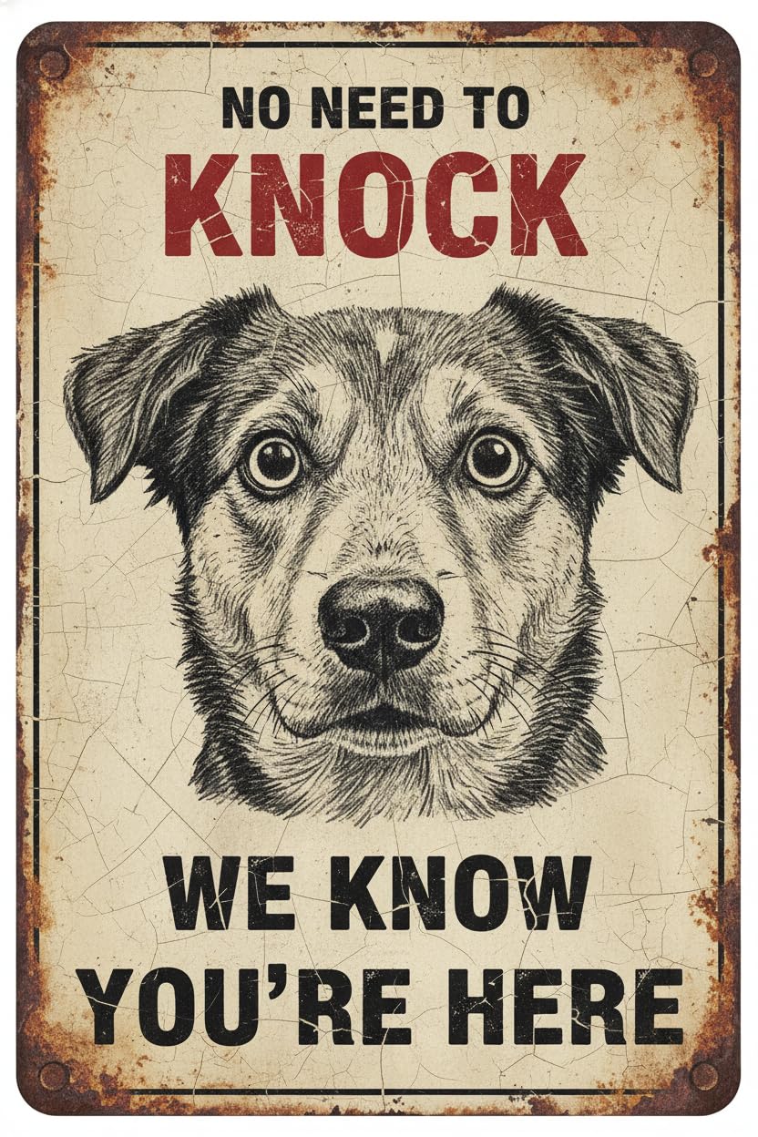 No Need to Knock We Know You're Here Tin Sign Humorous Welcome Sign Metal Tin Signs Vintage Retro Wall Decor for Dog Owners for Dog Lovers 8x12inch
