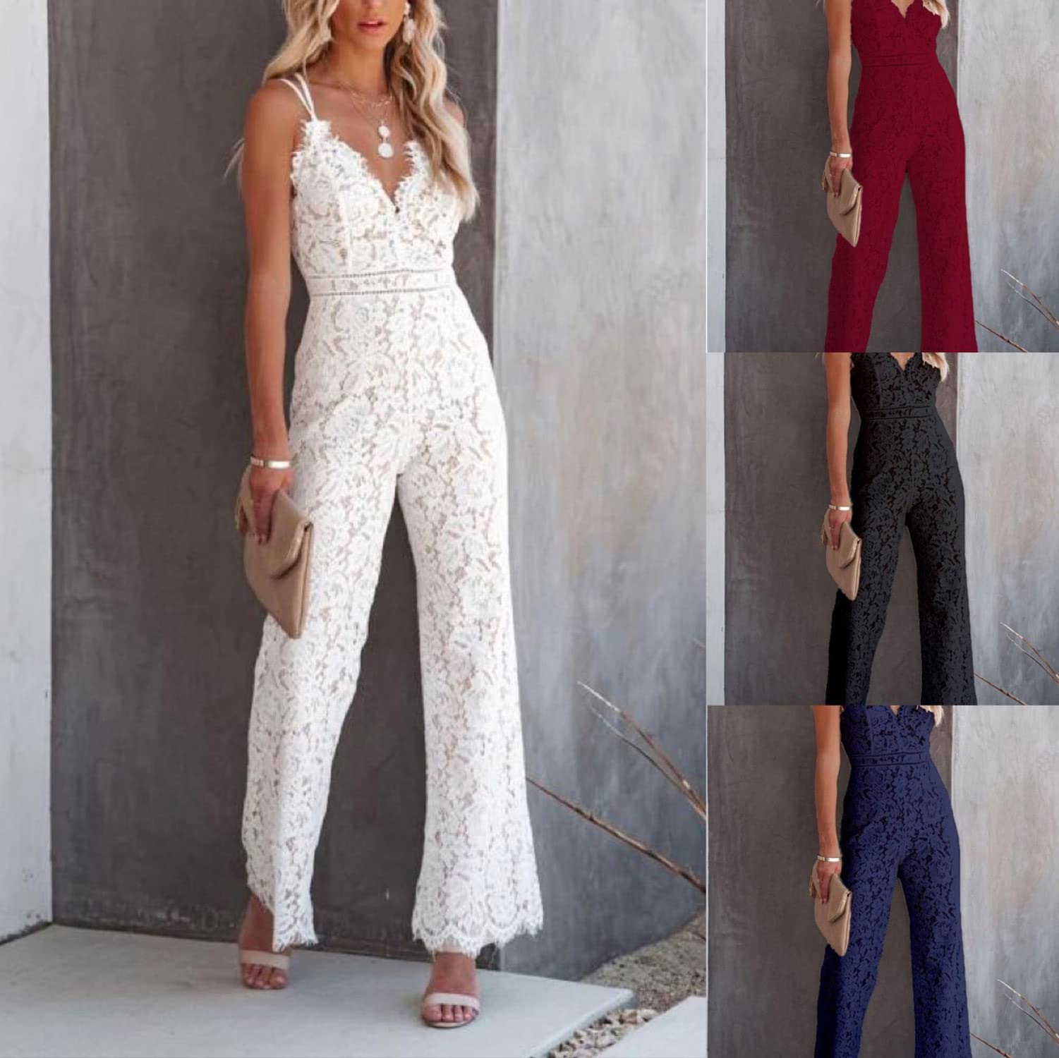 Tuta Elegante da Donna Estiva Monopezzi Tutine senza Manica con Spalline Scollo V in Pizzo Casuale Tutina senza Schienale Rompers Tinta Unita Jumpsuits Tute Lunga per Donna