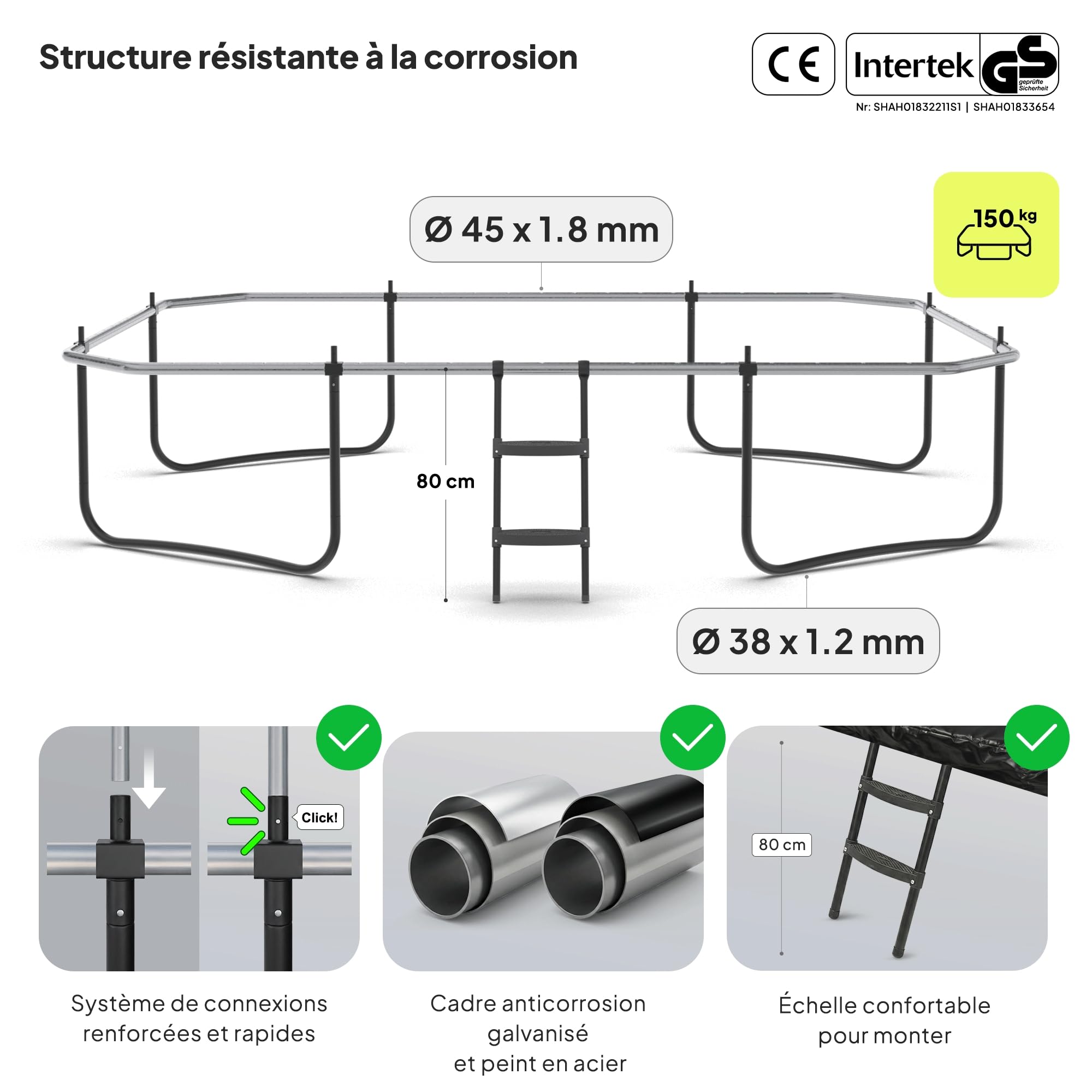 ZIPRO Trampoline Extérieur - Trampoline de Jardin Rectangulaire avec Filet de Sécurité, Tapis de Saut et Échelle - Trampoline Familial Charge Max 150 kg - JumpPro Quadro Ø 366/472 cm