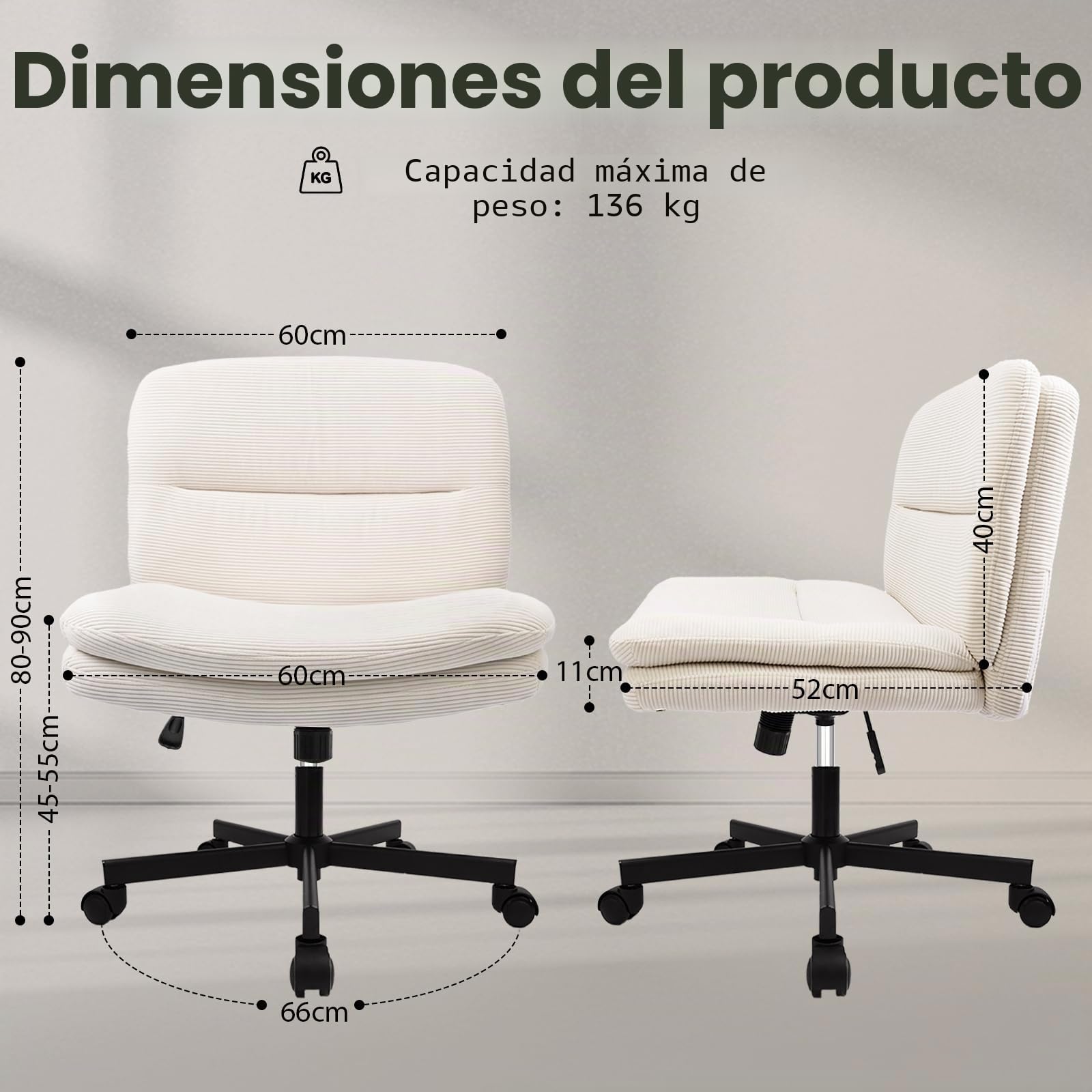 Durrafy Silla Oficina Ergonómica Sin Reposabrazos Beige, Silla Tocador y Maquillaje, Asiento Ancho para Piernas Cruzadas, Altura Ajustable, Giratoria 360°, Ruedas Silenciosas, Capacidad 136 kg
