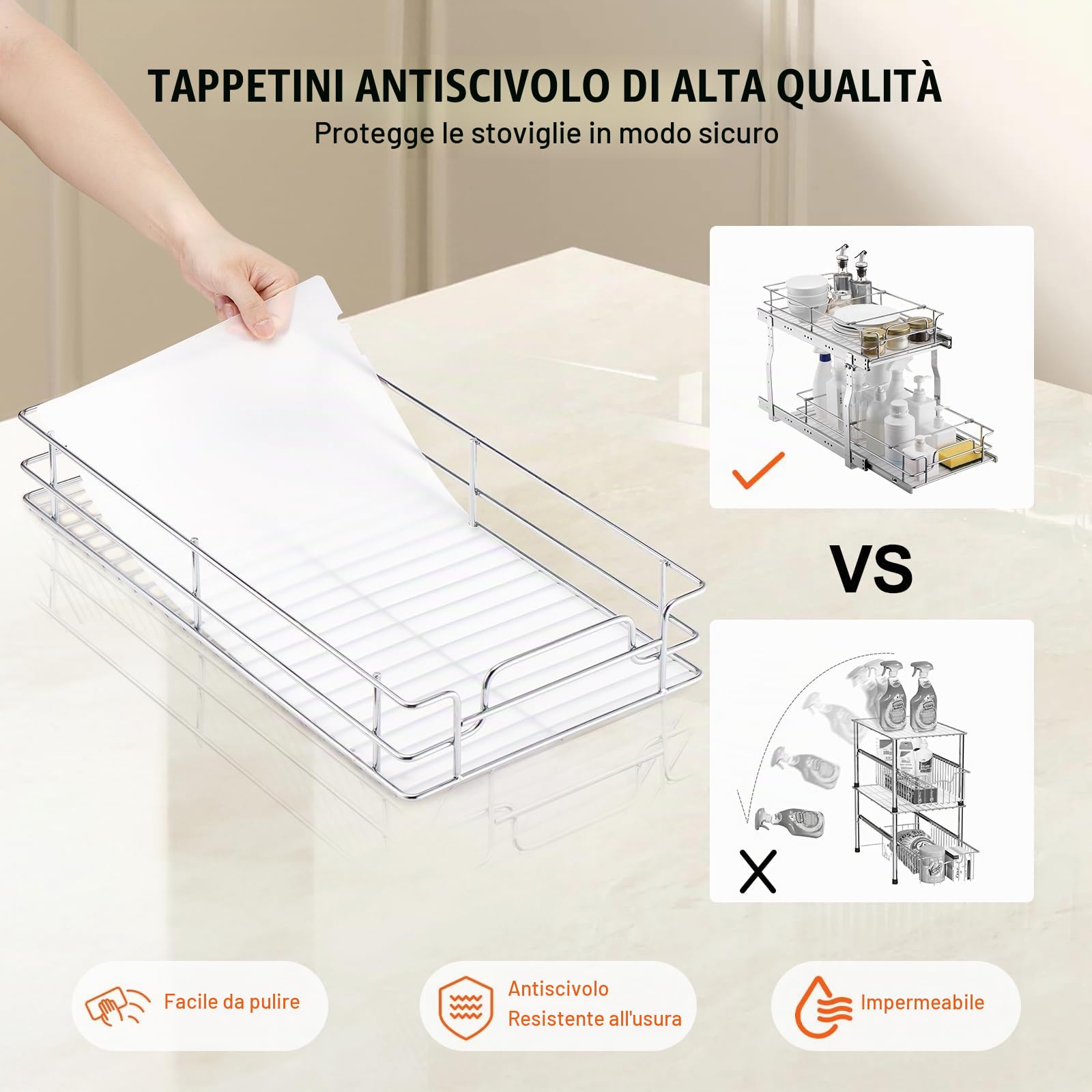 VEVOR Organizer Estensibile per Armadio 305 x 533 x 385 mm, Ripiani Estraibili per Carichi Pesanti, Cassetti Estraibili in Acciaio Cromato, Cassetto per Armadio Cucina Domestico Bagno Sotto Lavandino