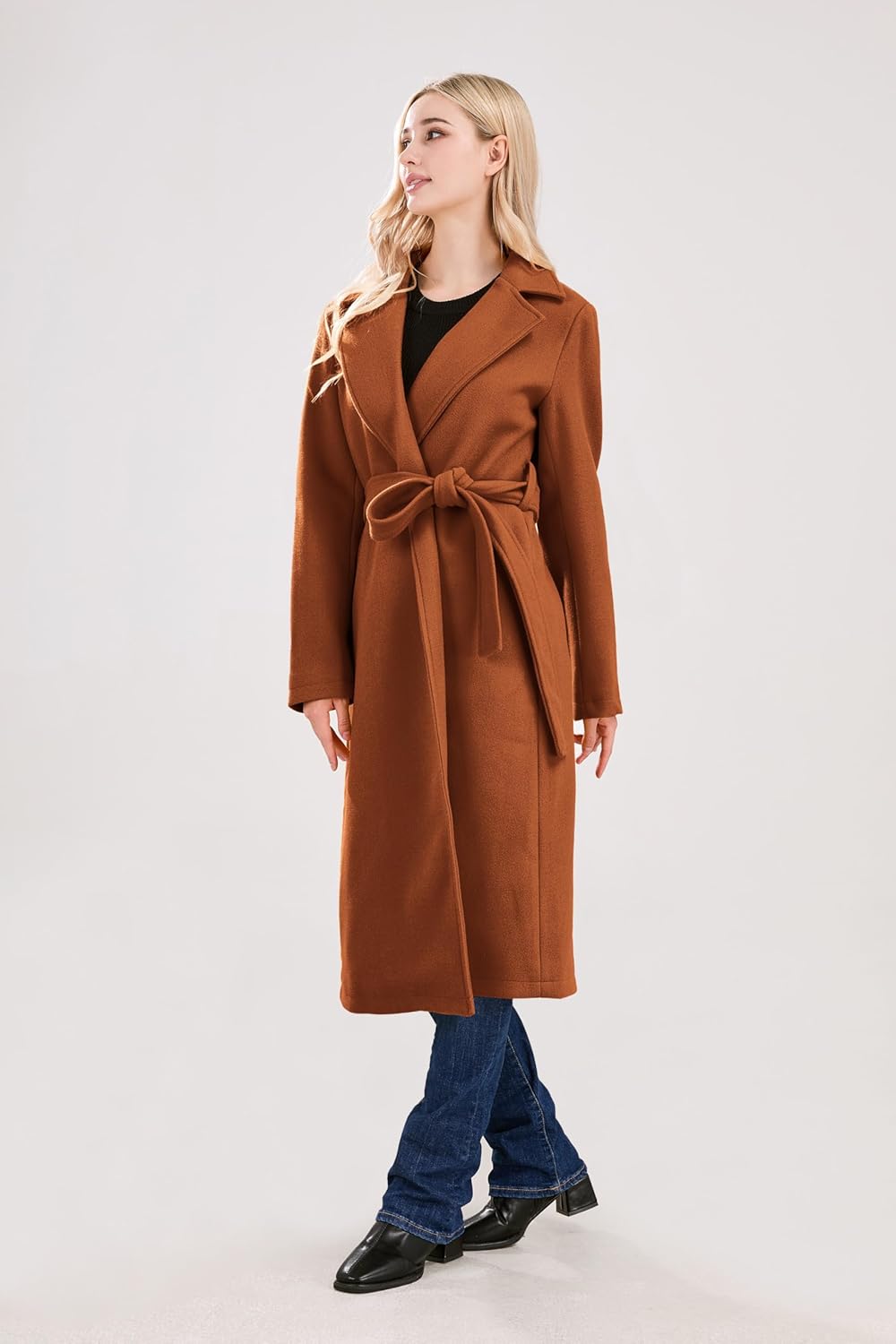 utcoco Womens Long Wool Pea Coats Notched Collar Open Front Woolen Blend Trench Coat with Belt - Image 4