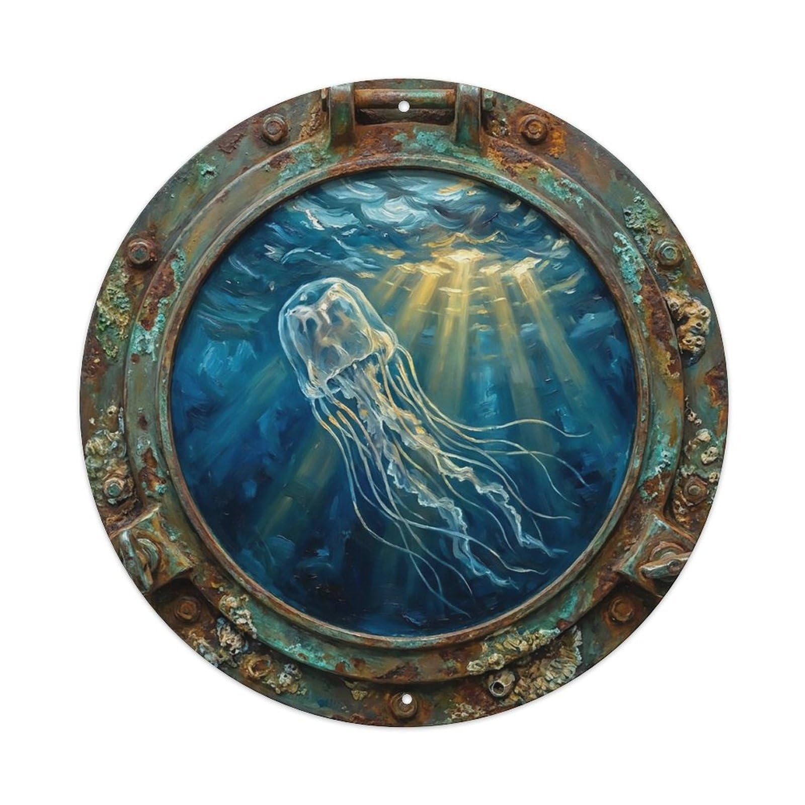Vintage Porthole Box Jellyfish Dangerous Ship Window Undersea Deep Sea Metal Tin Sign